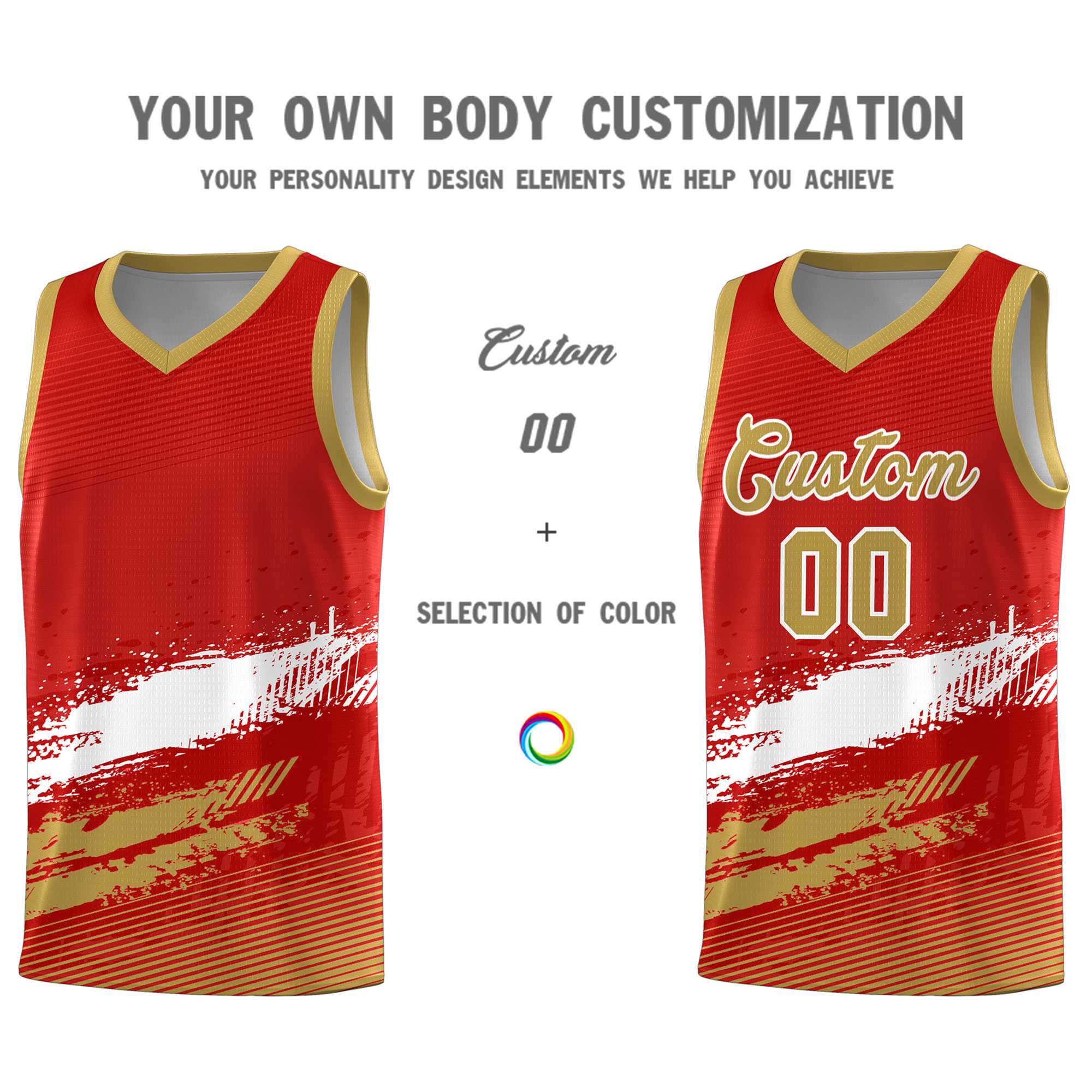 Custom Red White and Old Gold Graffiti Pattern Sports Uniform Basketball Jersey