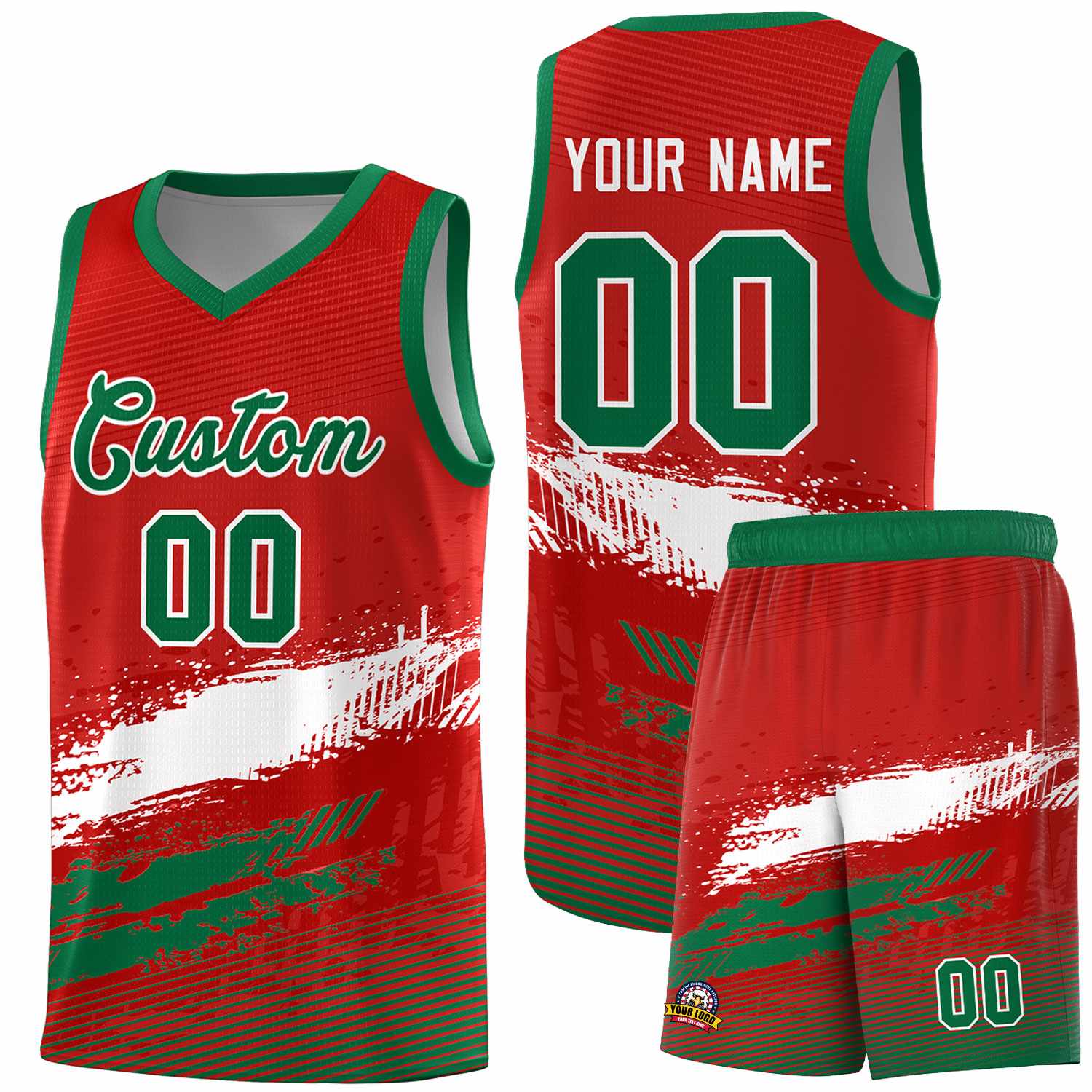 Custom Red White and Kelly Green Graffiti Pattern Sports Uniform Basketball Jersey