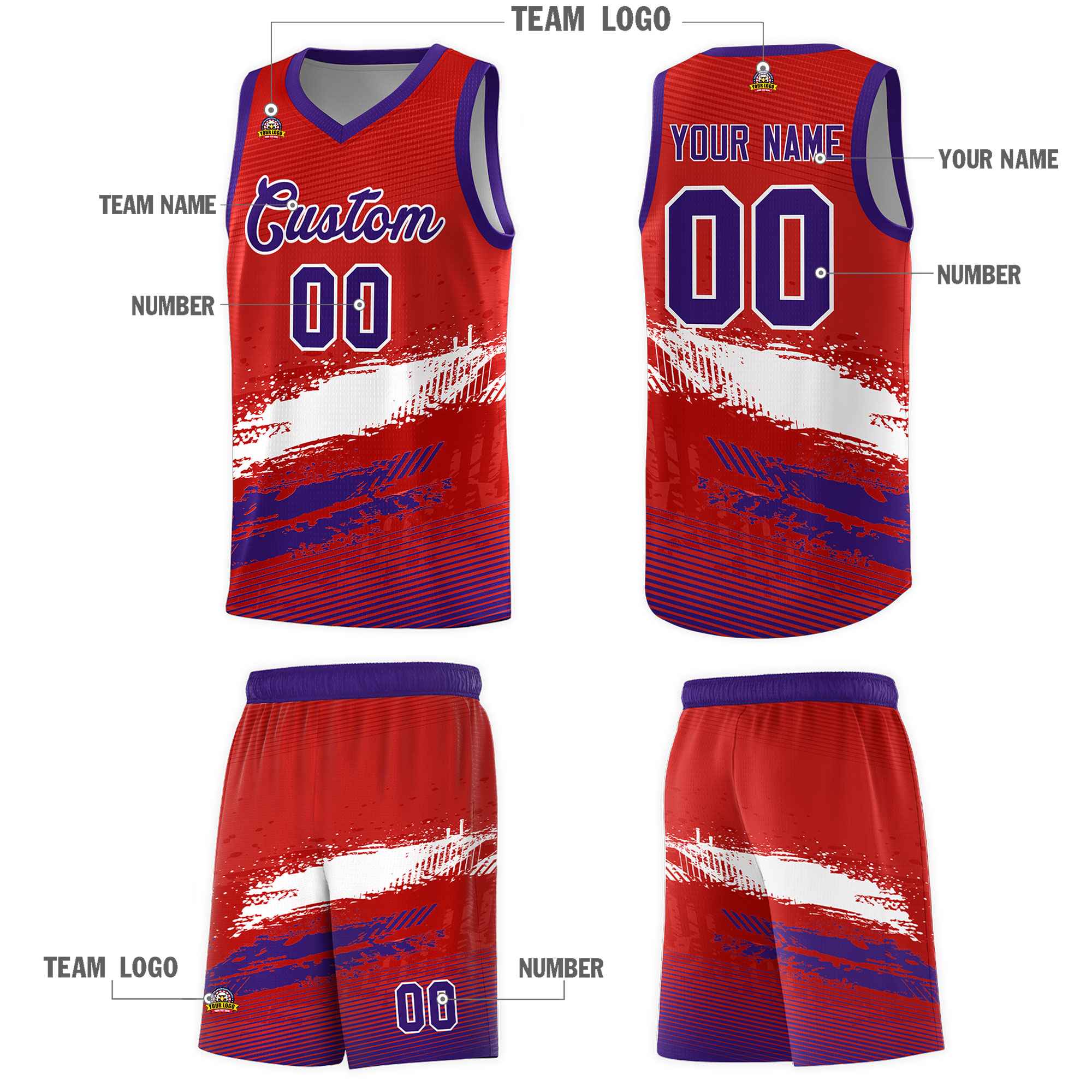 Custom Red White and Purple Graffiti Pattern Sports Uniform Basketball Jersey