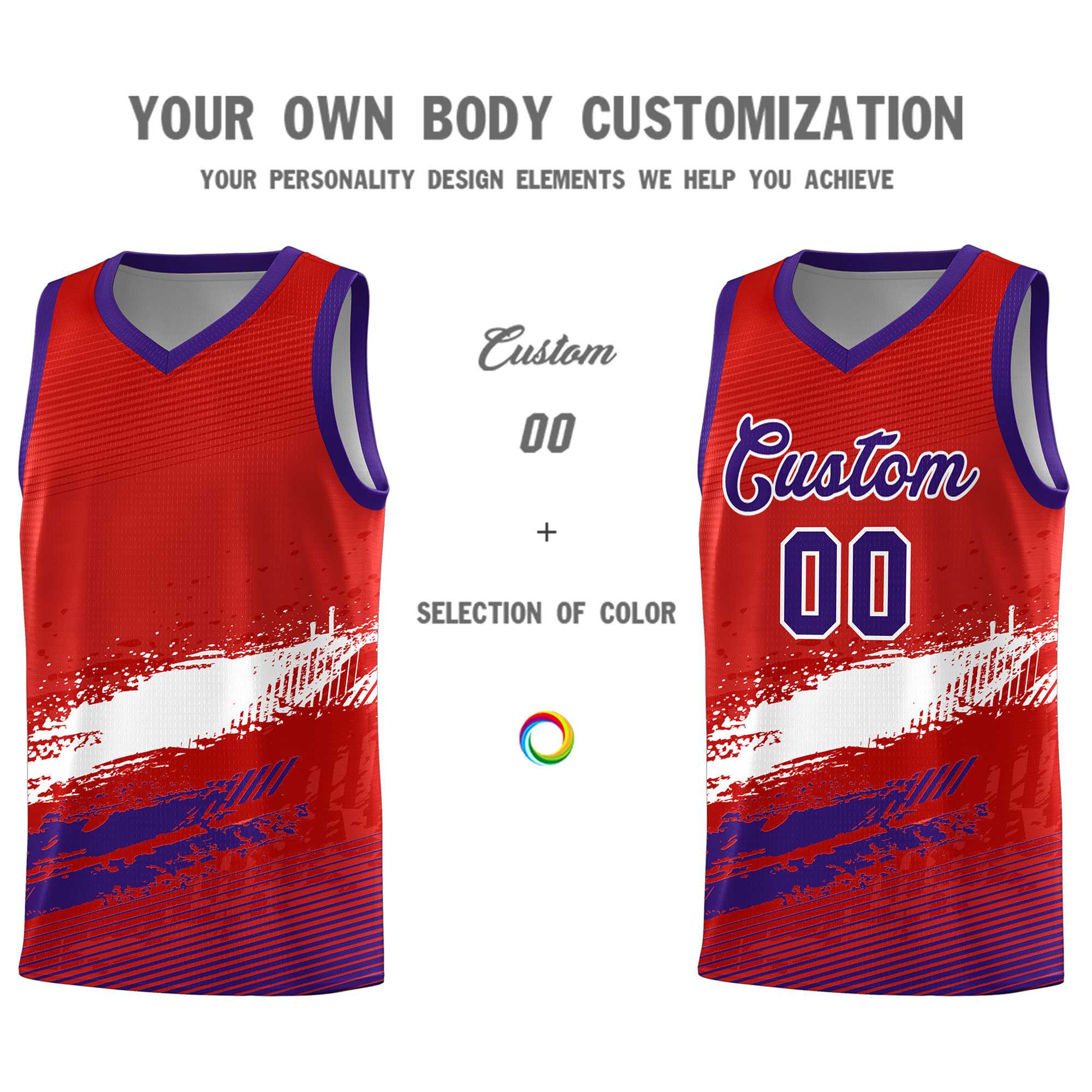 Custom Red White and Purple Graffiti Pattern Sports Uniform Basketball Jersey