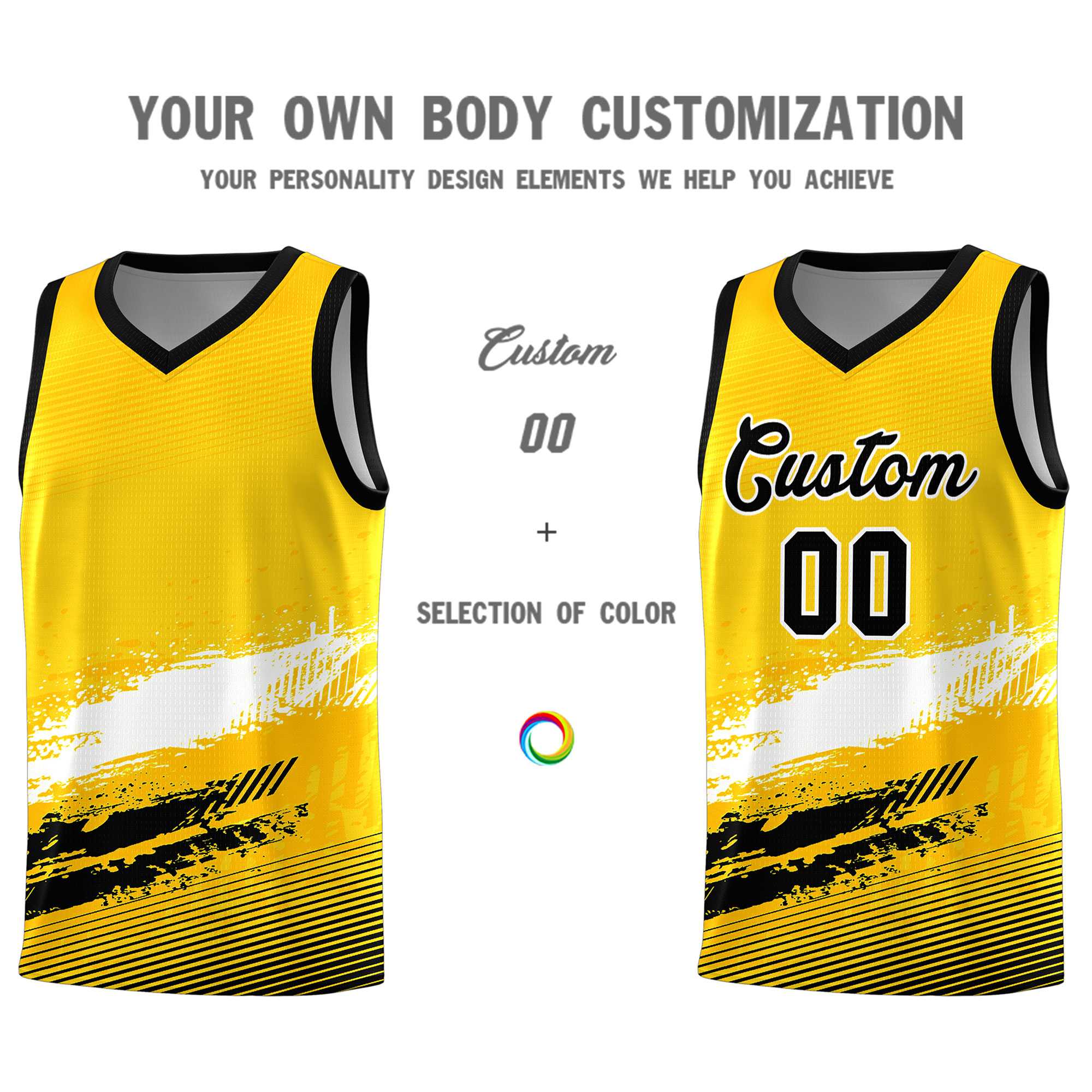 Custom Yellow White and Black Graffiti Pattern Sports Uniform Basketball Jersey