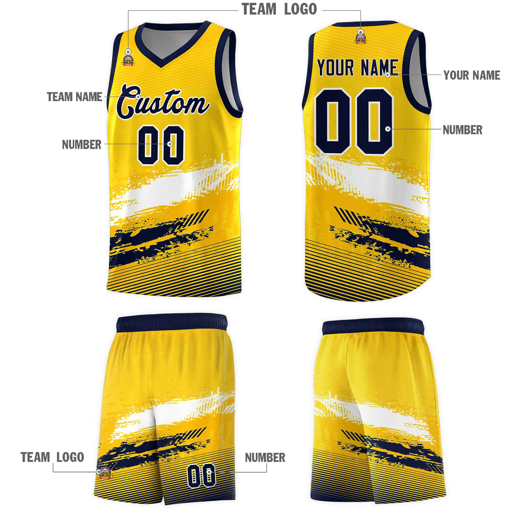 Custom Yellow White and Navy Graffiti Pattern Sports Uniform Basketball Jersey