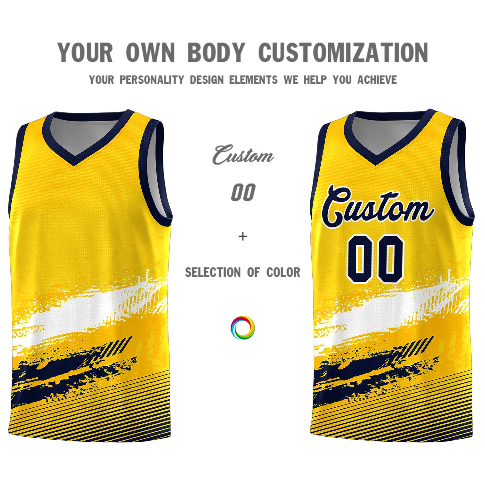 Custom Yellow White and Navy Graffiti Pattern Sports Uniform Basketball Jersey