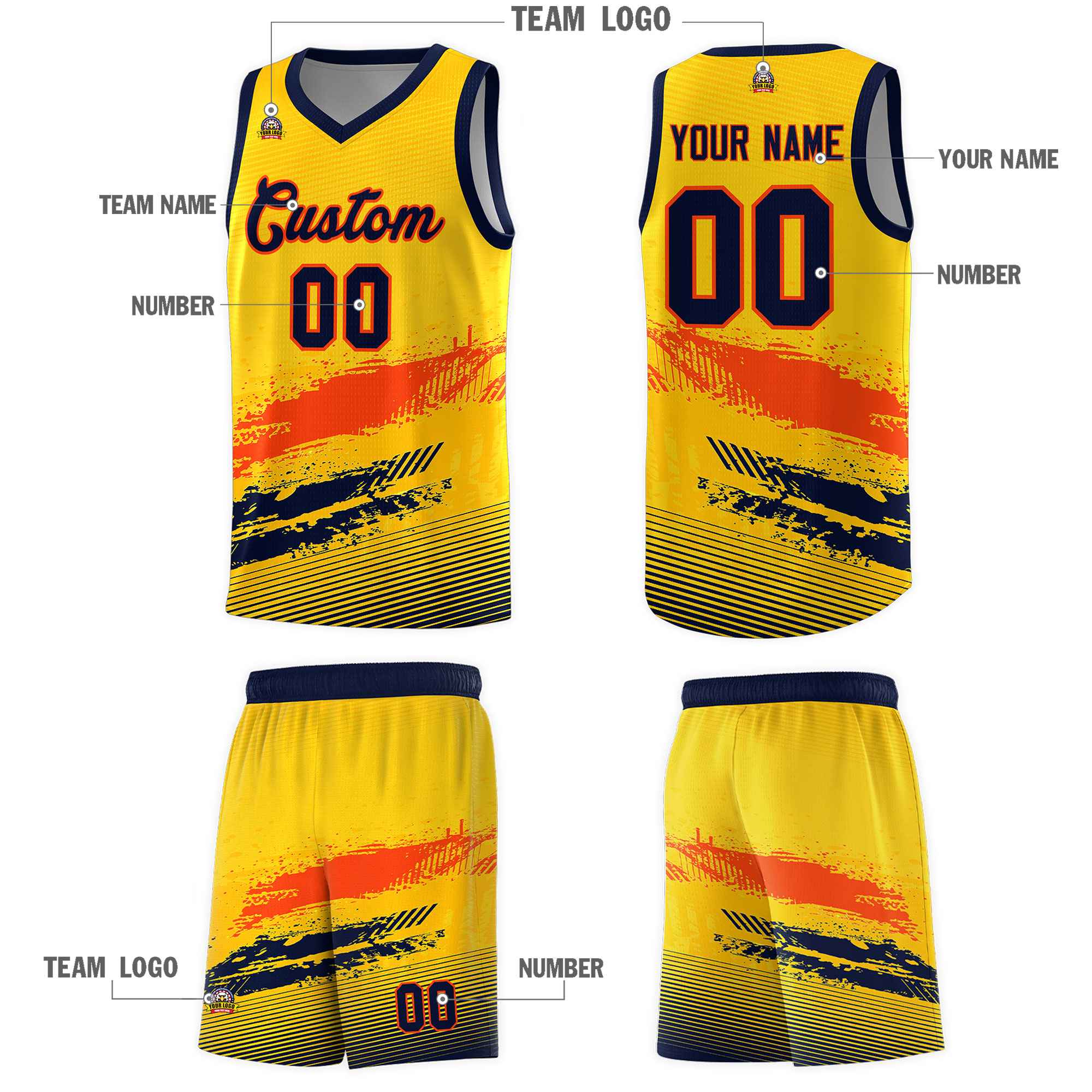 Custom Yellow Orange and Navy Graffiti Pattern Sports Uniform Basketball Jersey