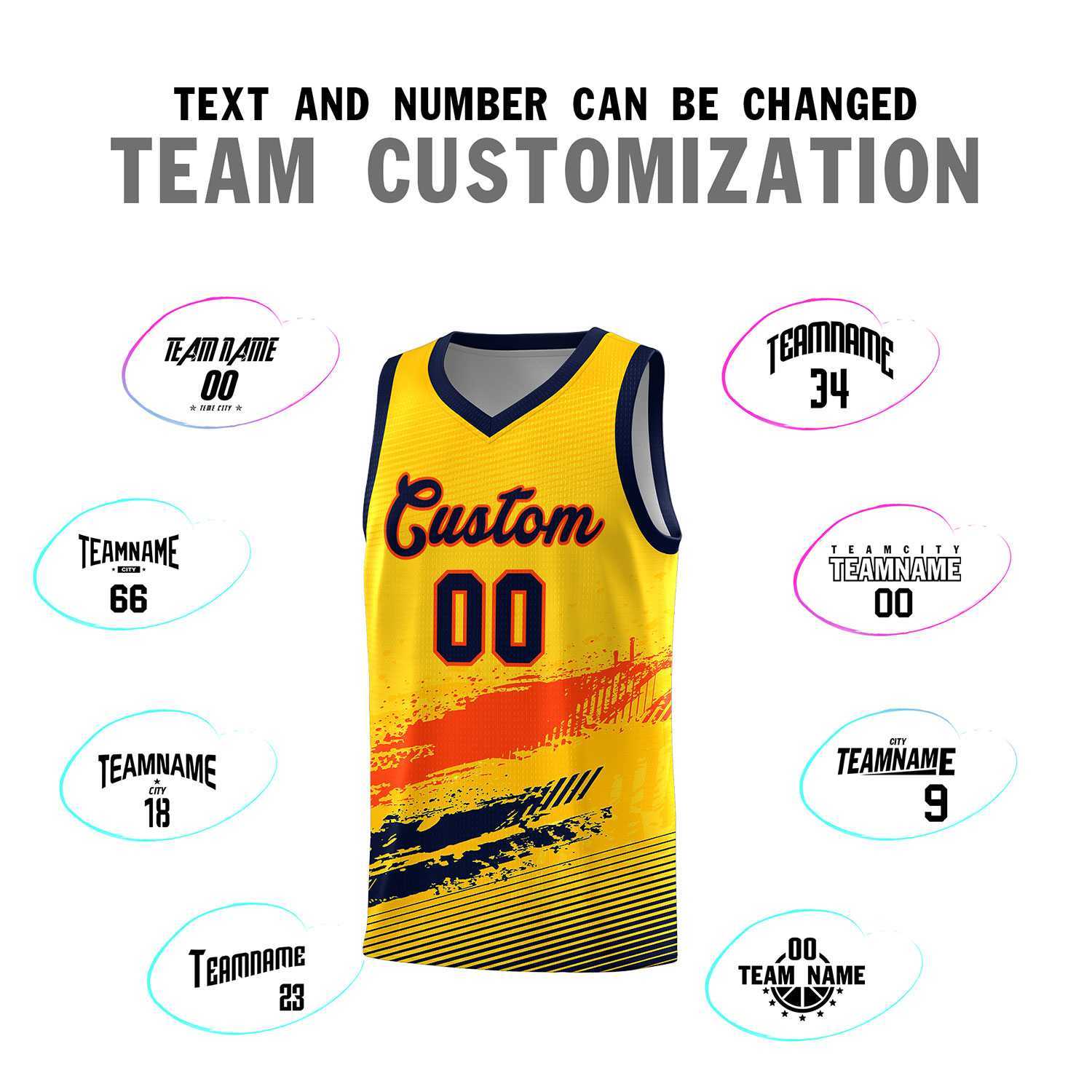 Custom Yellow Orange and Navy Graffiti Pattern Sports Uniform Basketball Jersey