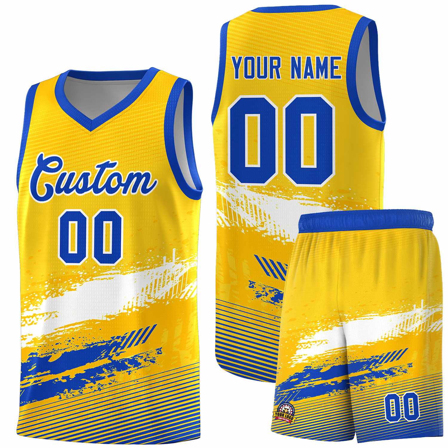 Custom Yellow White and Royal Graffiti Pattern Sports Uniform Basketball Jersey