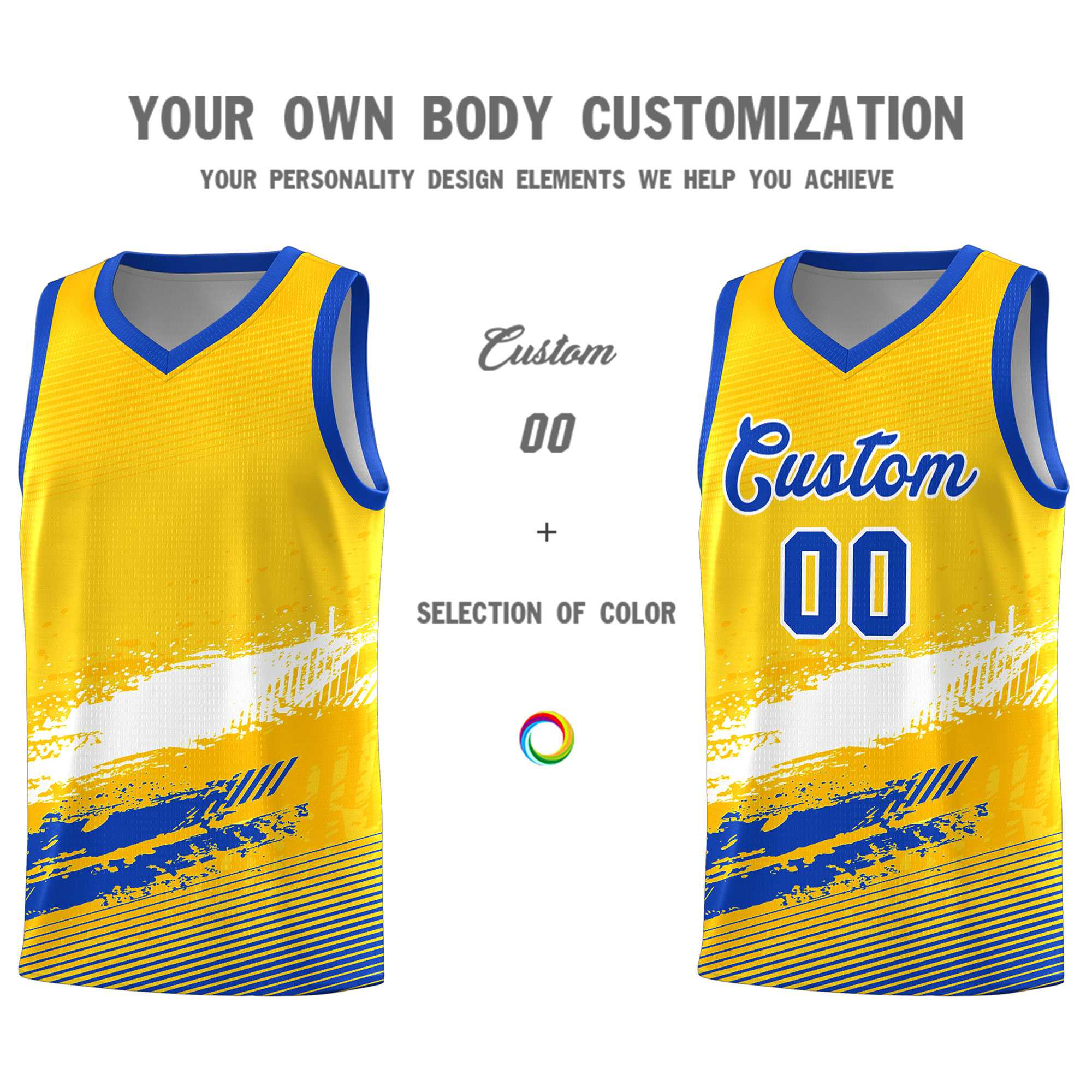 Custom Yellow White and Royal Graffiti Pattern Sports Uniform Basketball Jersey