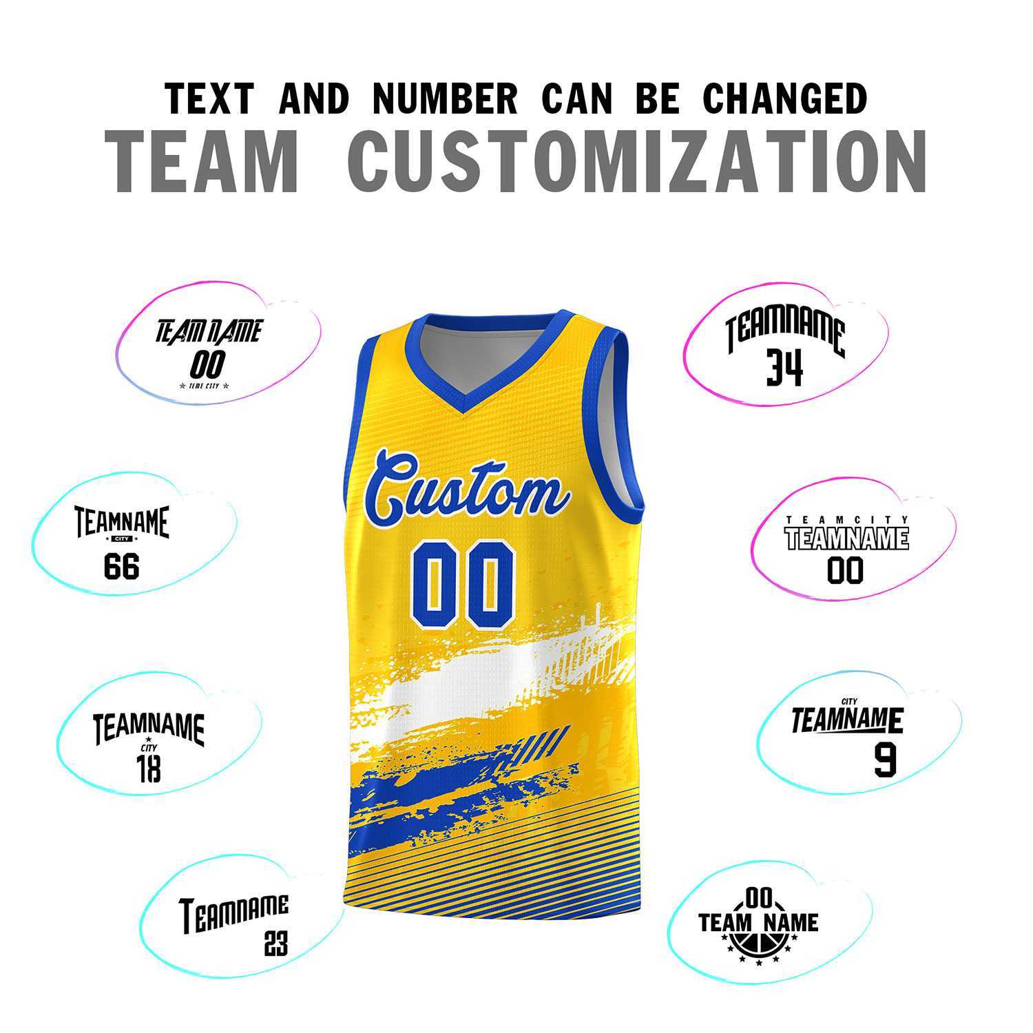 Custom Yellow White and Royal Graffiti Pattern Sports Uniform Basketball Jersey