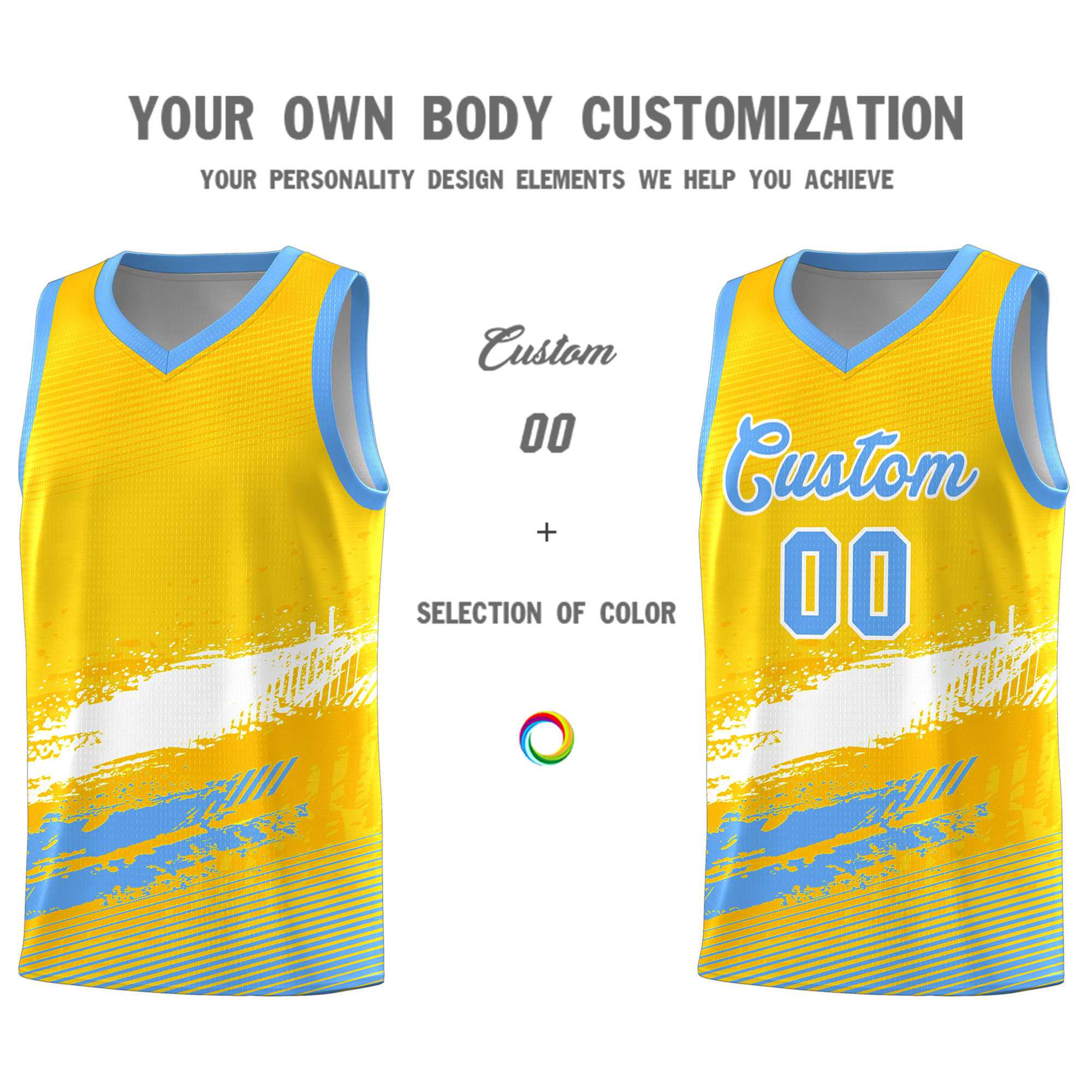 Custom Yellow White and Powder Blue Graffiti Pattern Sports Uniform Basketball Jersey