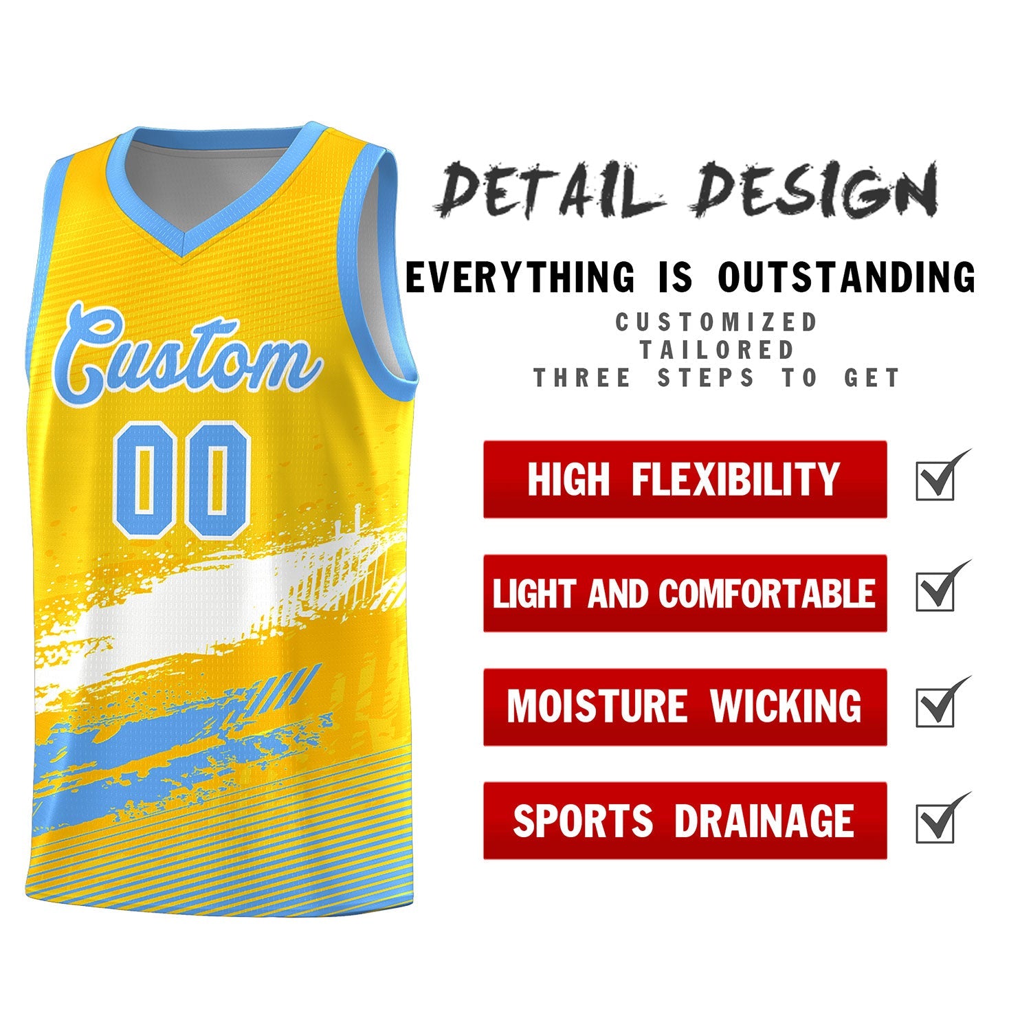 Custom Yellow White and Powder Blue Graffiti Pattern Sports Uniform Basketball Jersey