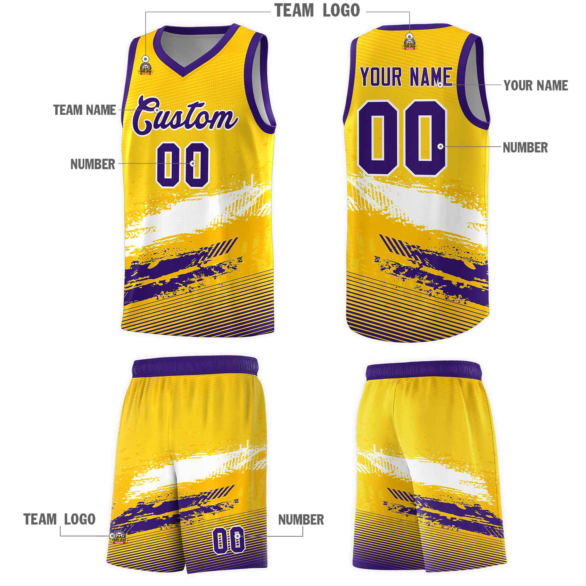 Custom Yellow White and Purple Graffiti Pattern Sports Uniform Basketball Jersey