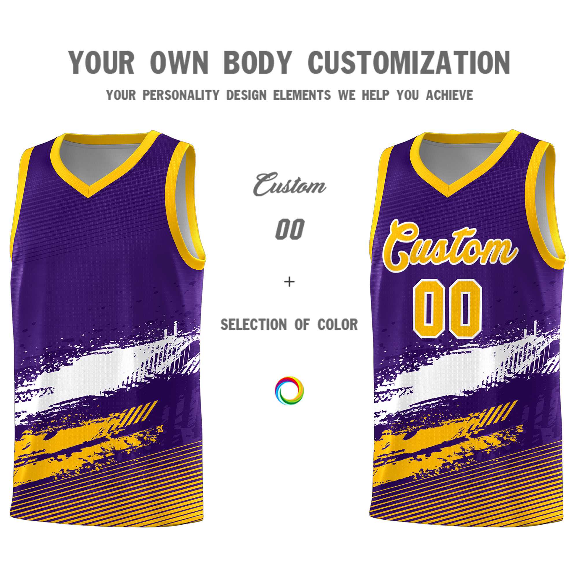 Custom Purple White and Yellow Graffiti Pattern Sports Uniform Basketball Jersey