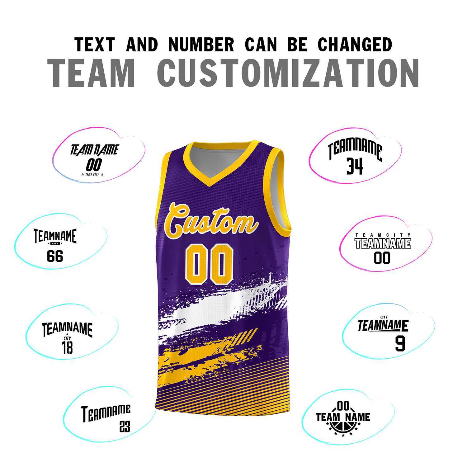 Custom Purple White and Yellow Graffiti Pattern Sports Uniform Basketball Jersey