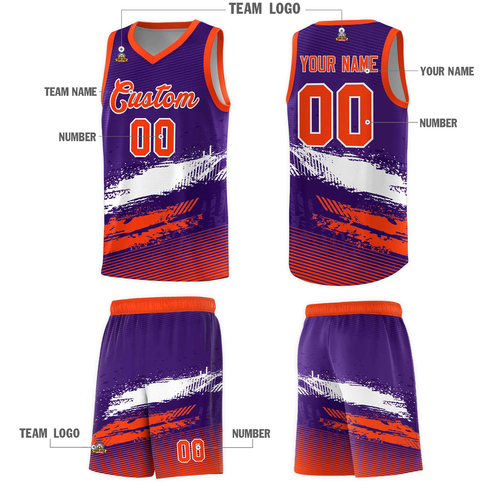 Custom Purple White and Orange Graffiti Pattern Sports Uniform Basketball Jersey