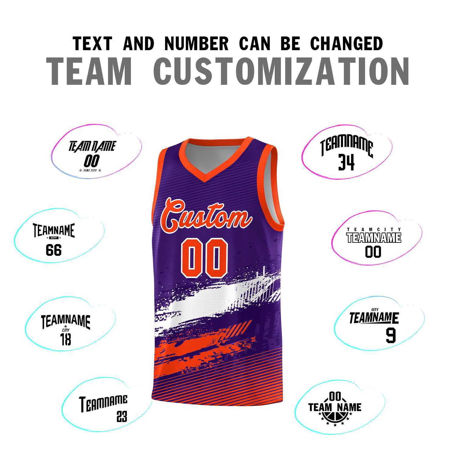 Custom Purple White and Orange Graffiti Pattern Sports Uniform Basketball Jersey