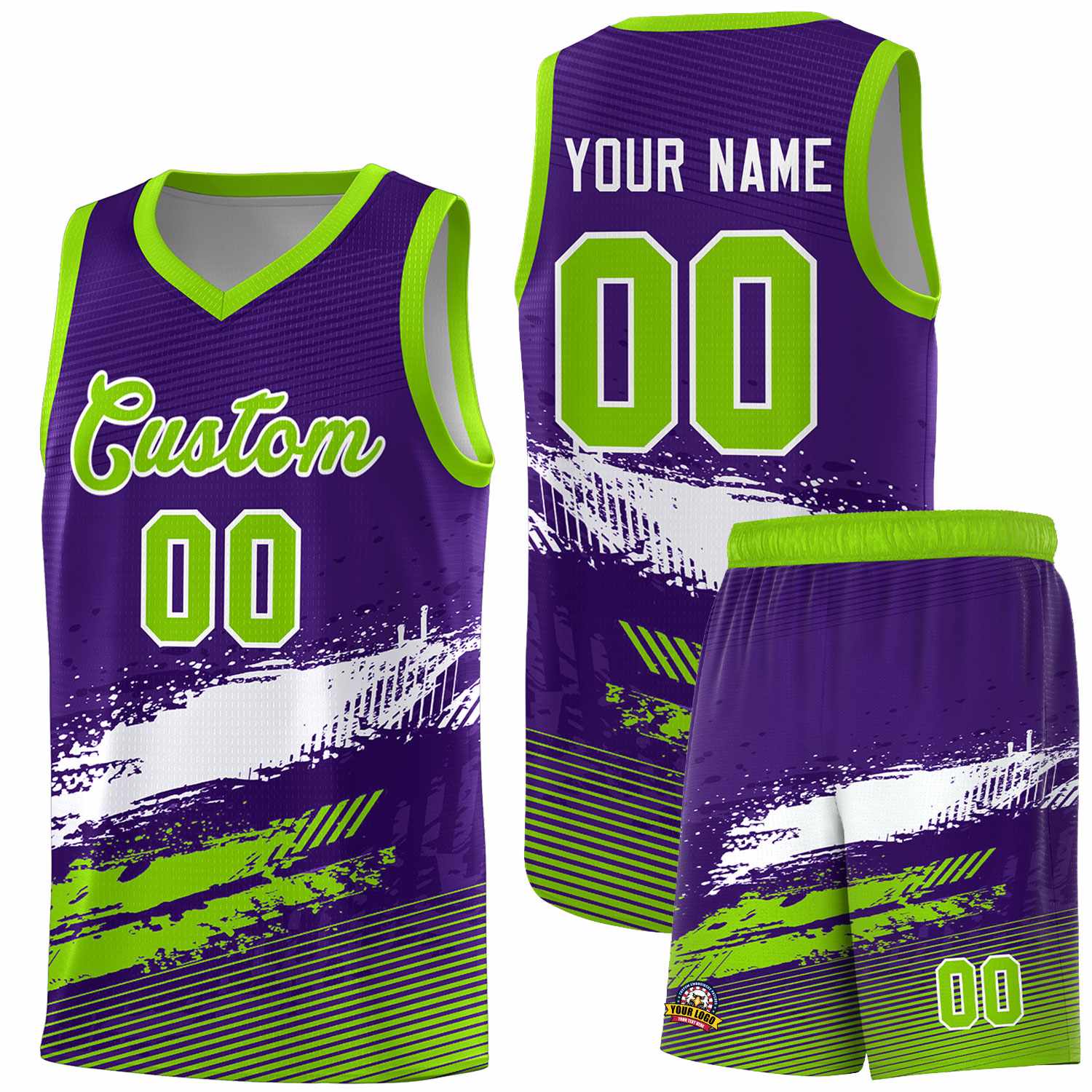 Custom Purple White and Neon Green Graffiti Pattern Sports Uniform Basketball Jersey