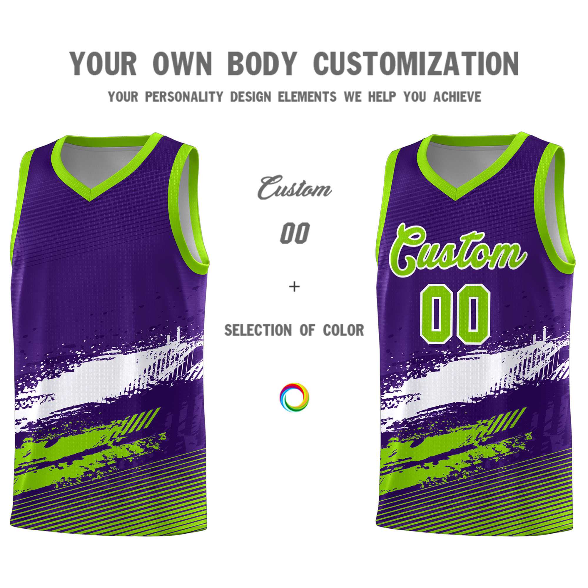 Custom Purple White and Neon Green Graffiti Pattern Sports Uniform Basketball Jersey