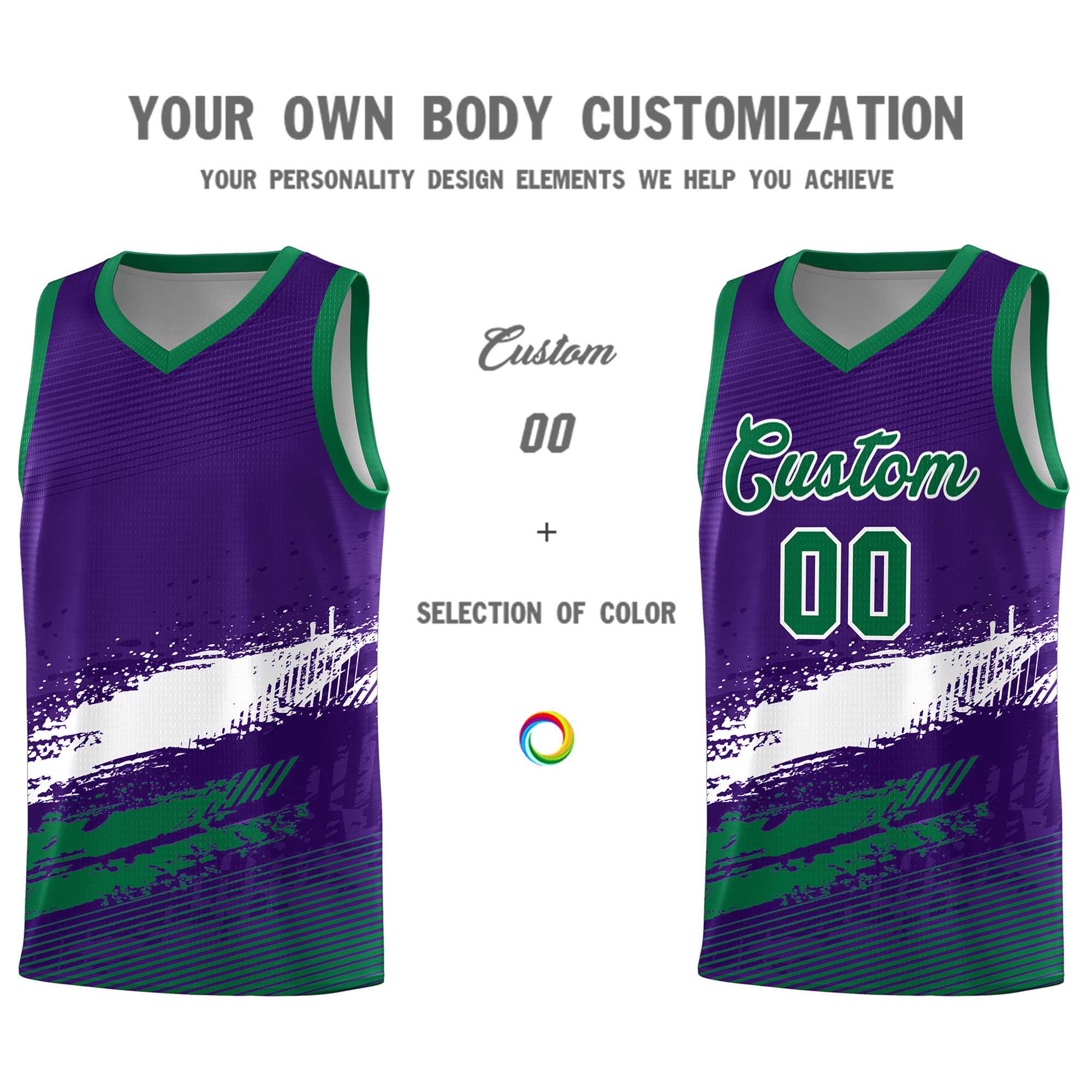 Custom Purple White and Kelly Green Graffiti Pattern Sports Uniform Basketball Jersey