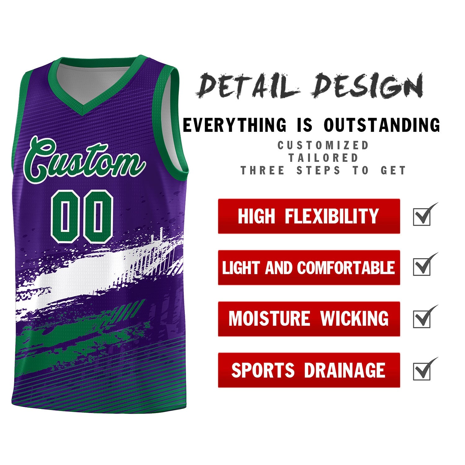 Custom Purple White and Kelly Green Graffiti Pattern Sports Uniform Basketball Jersey