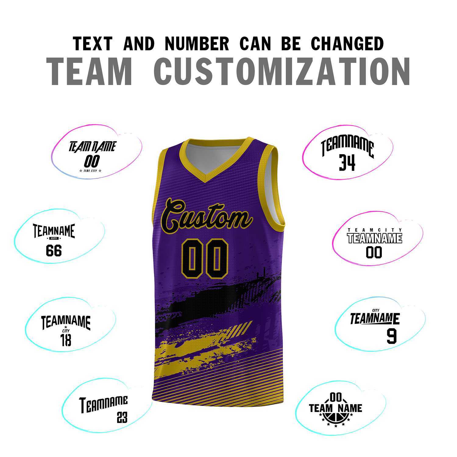 Custom Purple Black and Old Gold Graffiti Pattern Sports Uniform Basketball Jersey