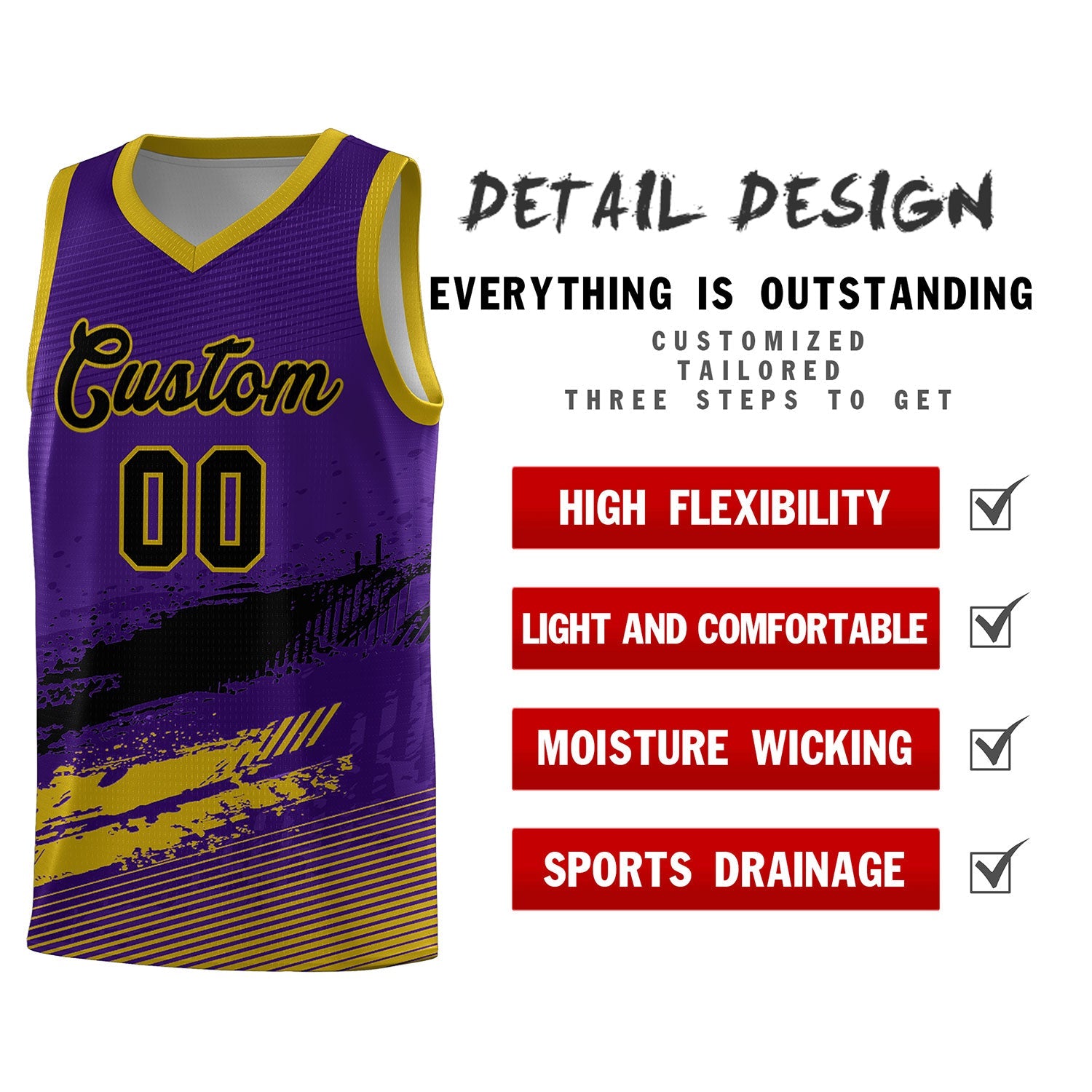 Custom Purple Black and Old Gold Graffiti Pattern Sports Uniform Basketball Jersey