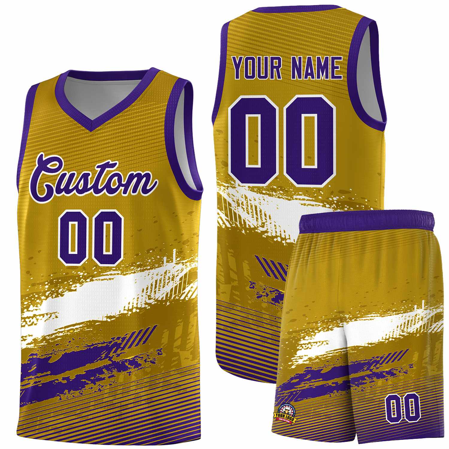 Custom Old Gold White and Purple Graffiti Pattern Sports Uniform Basketball Jersey