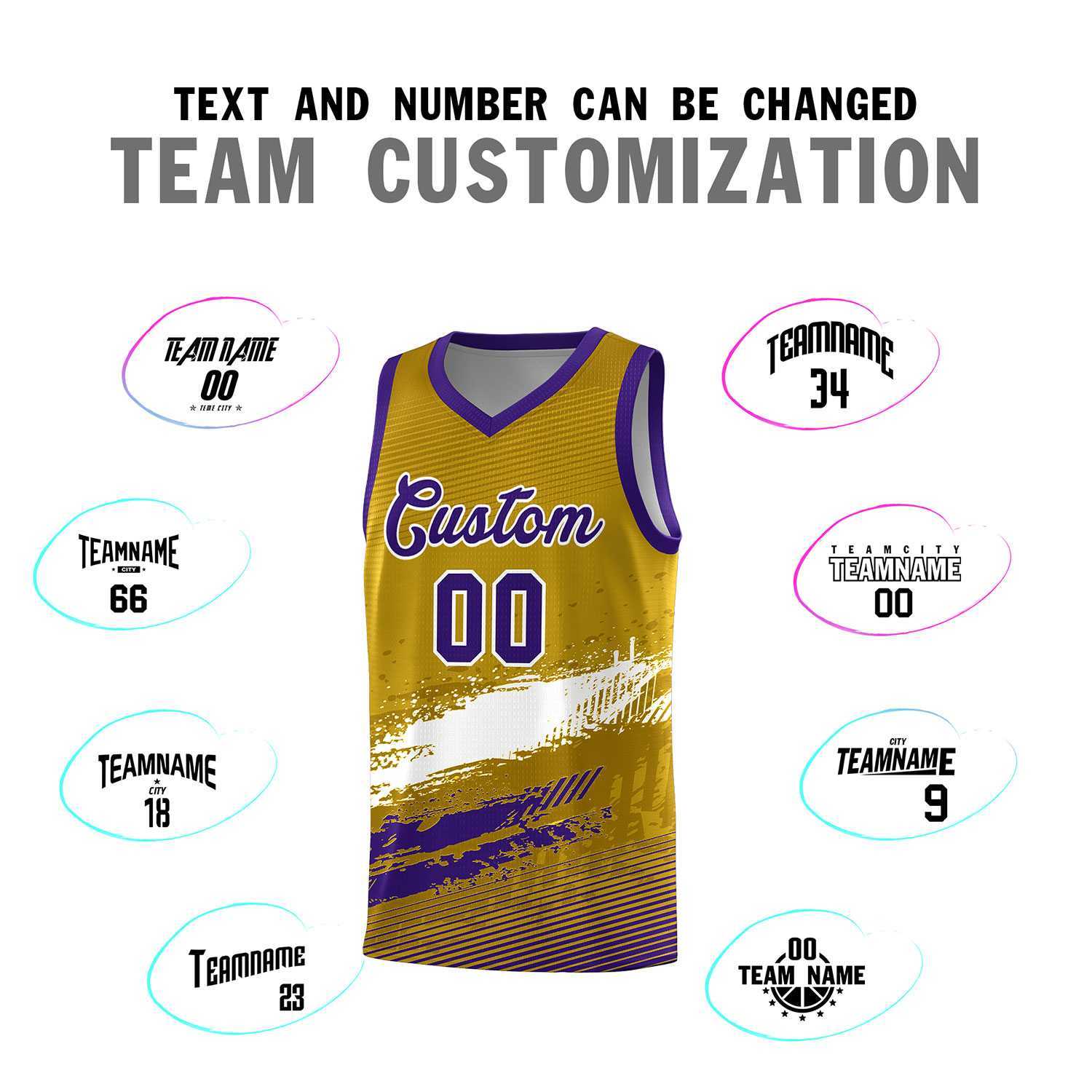 Custom Old Gold White and Purple Graffiti Pattern Sports Uniform Basketball Jersey