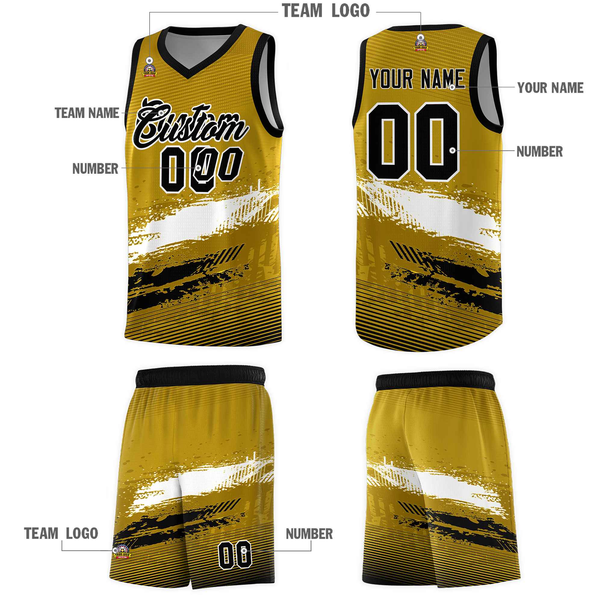 Custom Old Gold White and Black Graffiti Pattern Sports Uniform Basketball Jersey