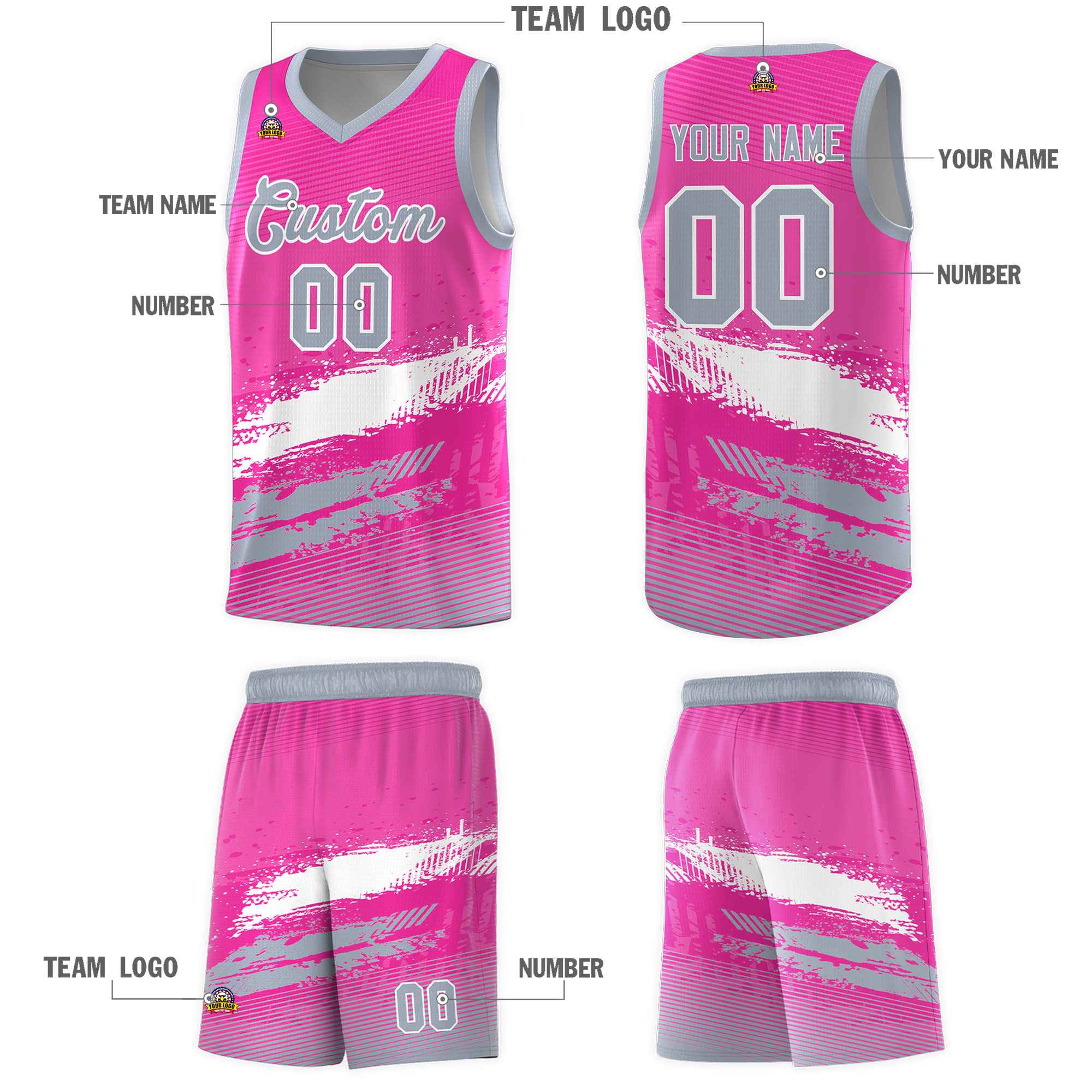 Custom Pink White and Gray Graffiti Pattern Sports Uniform Basketball Jersey