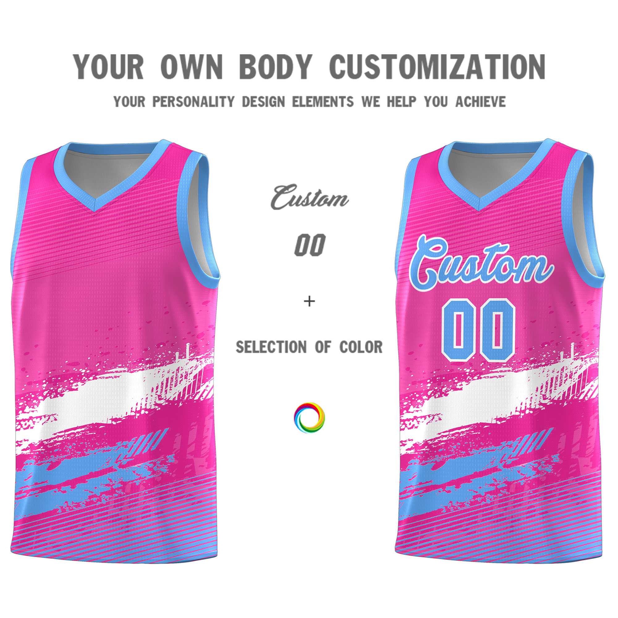 Custom Pink White and Powder Blue Graffiti Pattern Sports Uniform Basketball Jersey