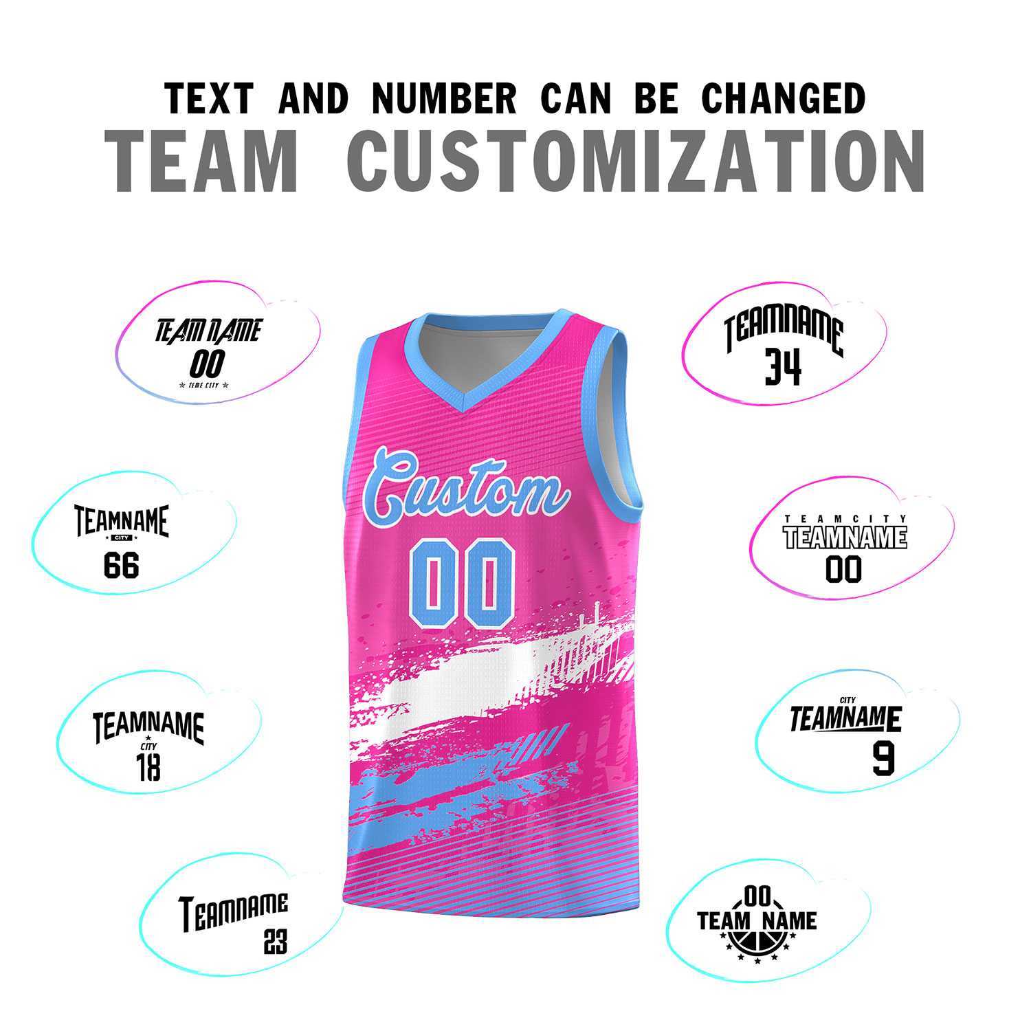 Custom Pink White and Powder Blue Graffiti Pattern Sports Uniform Basketball Jersey