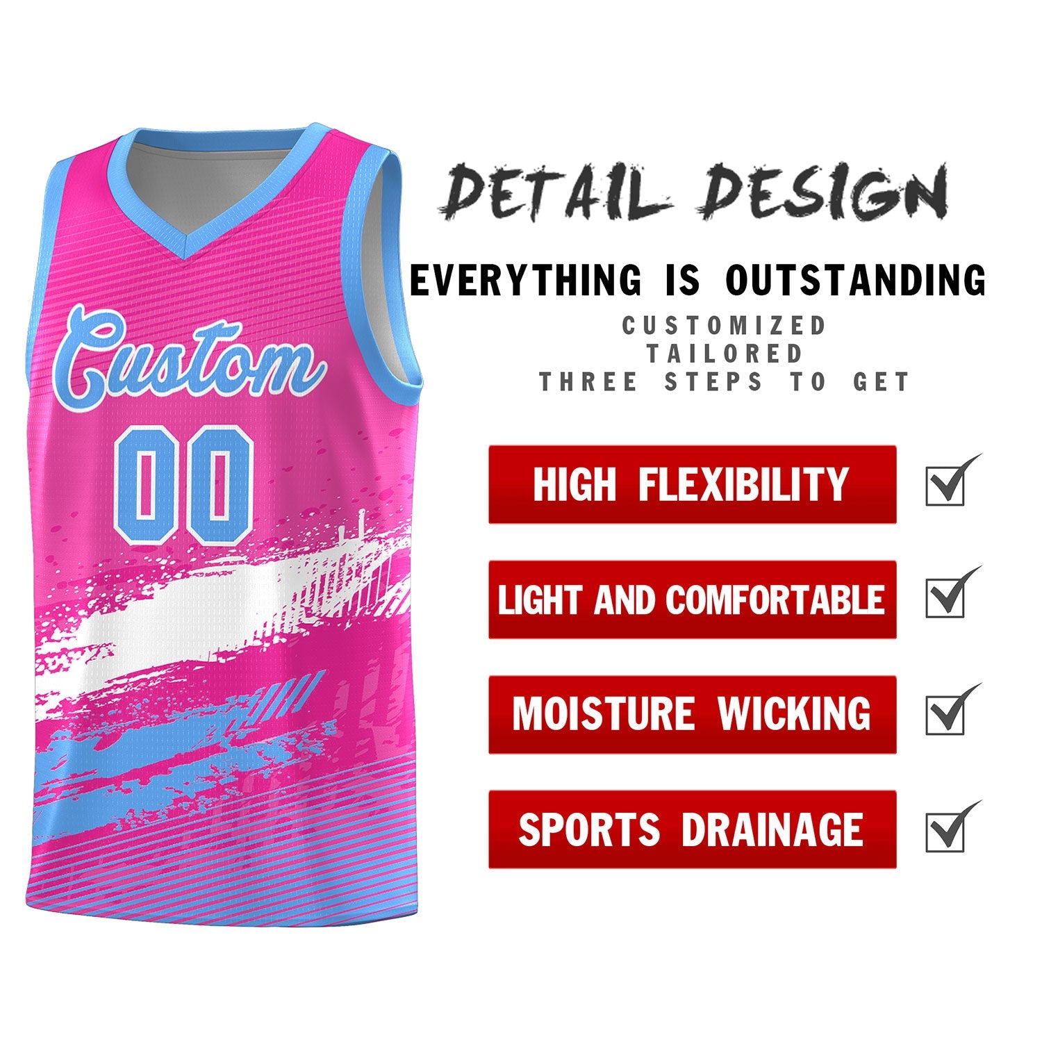 Custom Pink White and Powder Blue Graffiti Pattern Sports Uniform Basketball Jersey