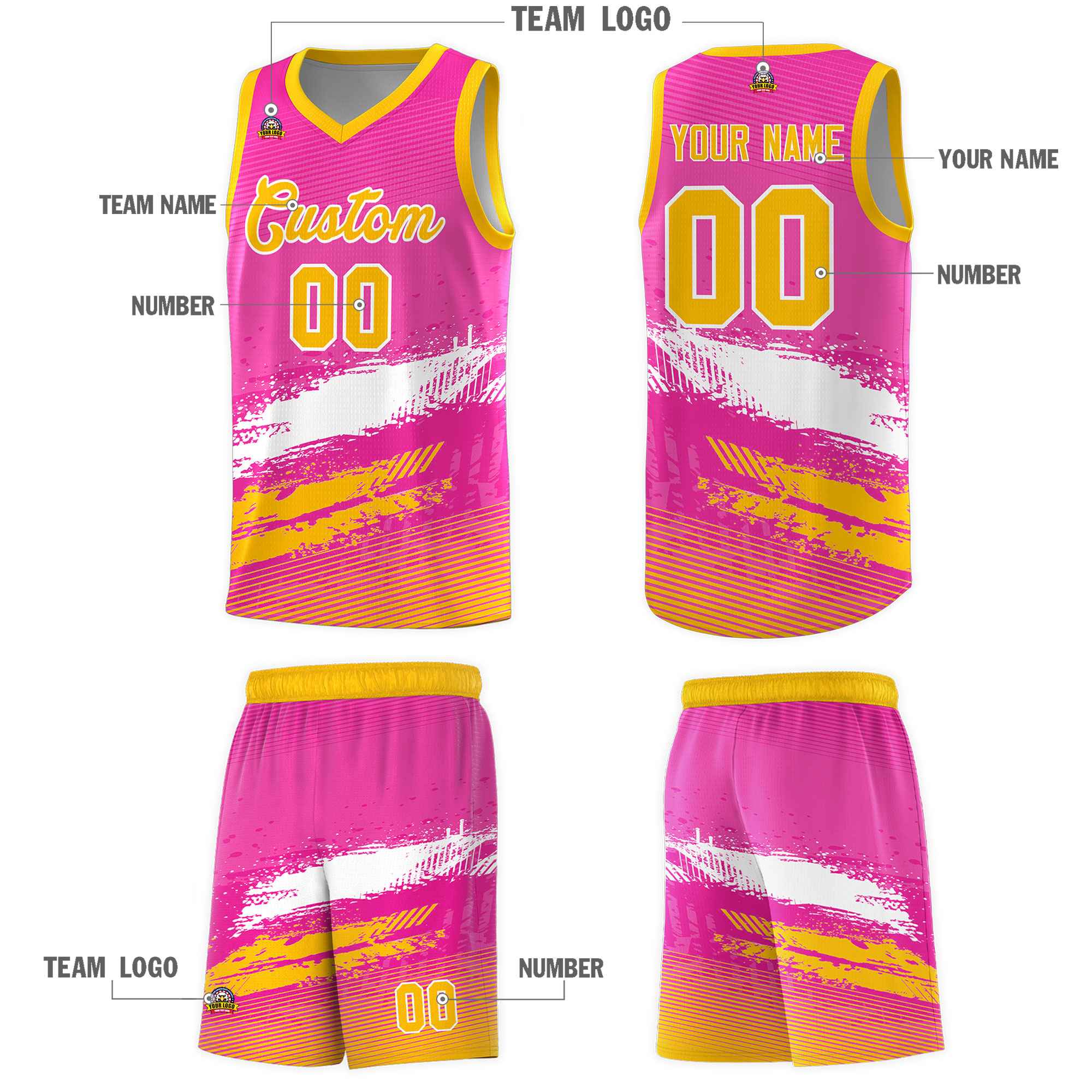 Custom Pink White and Yellow Graffiti Pattern Sports Uniform Basketball Jersey