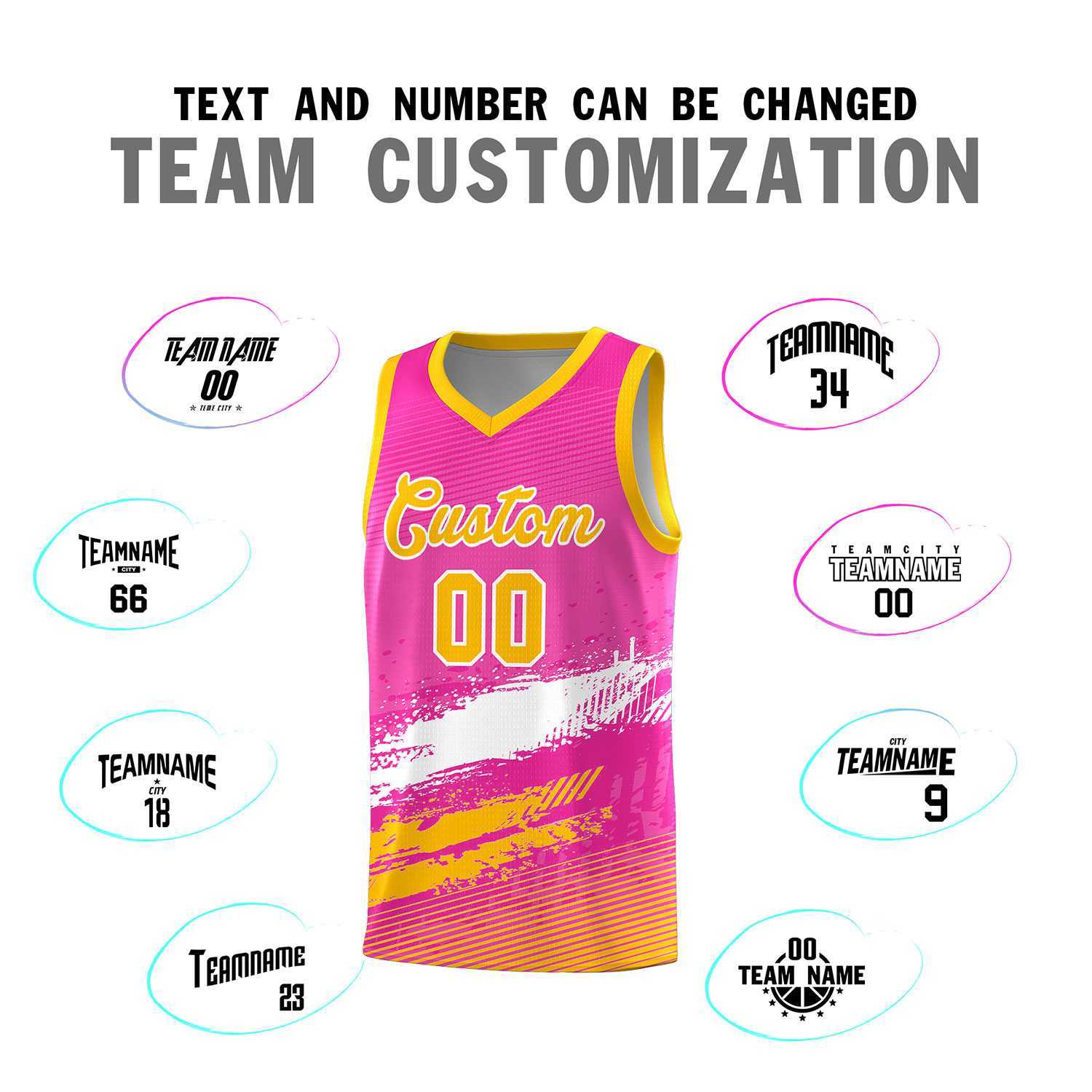 Custom Pink White and Yellow Graffiti Pattern Sports Uniform Basketball Jersey