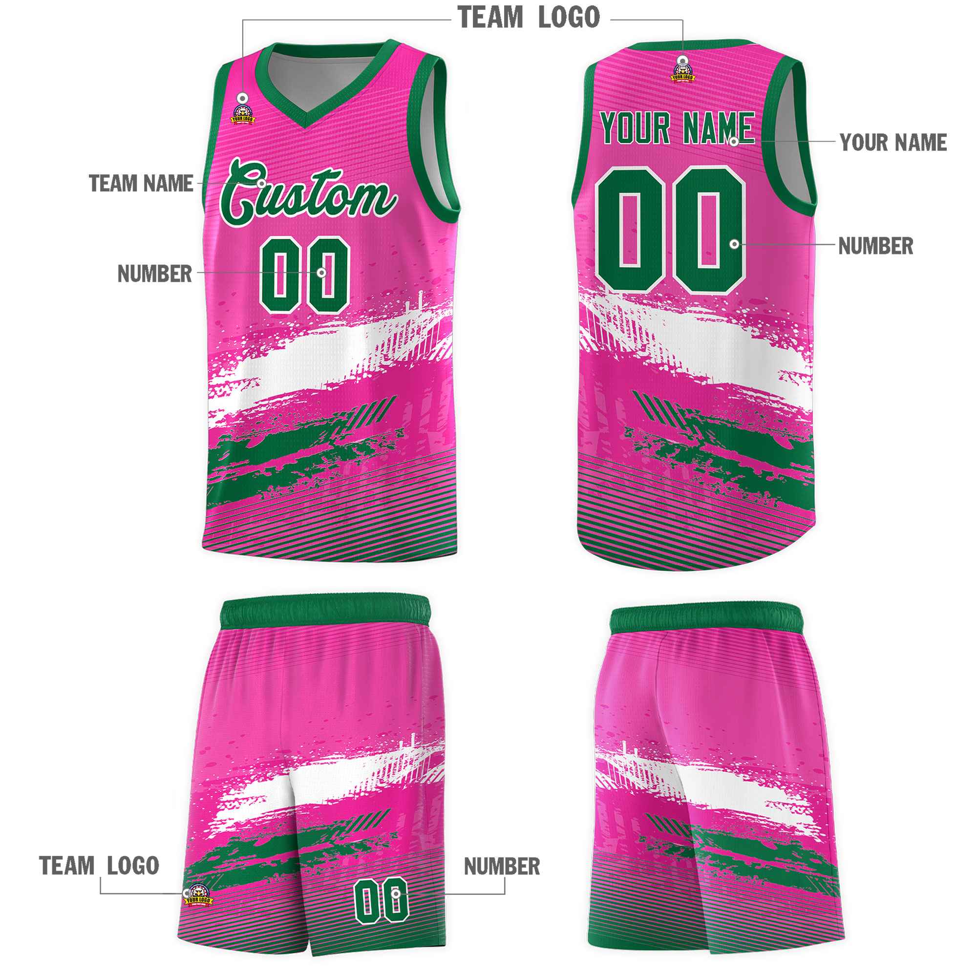 Custom Pink White and Kelly Green Graffiti Pattern Sports Uniform Basketball Jersey