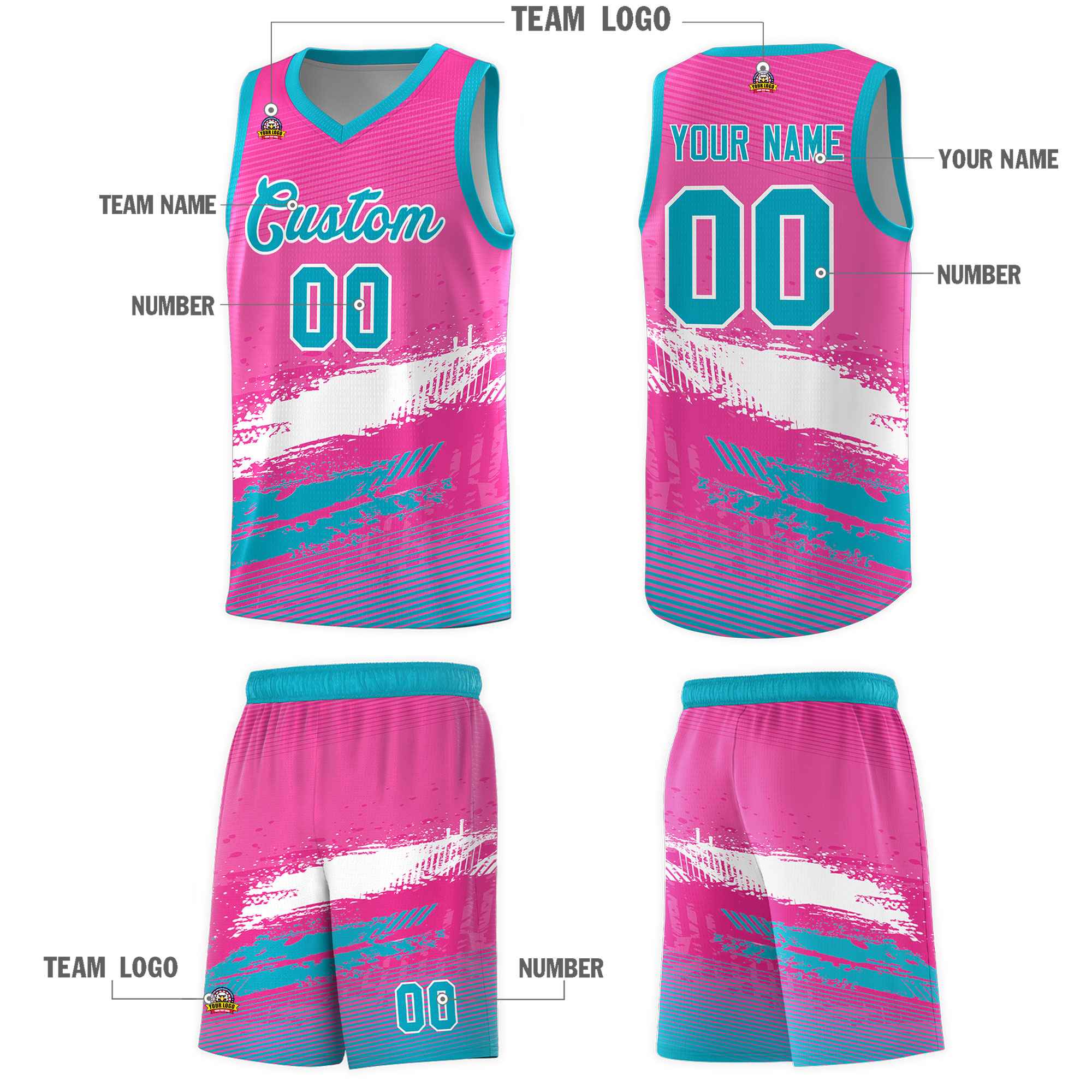 Custom Pink White and Sky Blue Graffiti Pattern Sports Uniform Basketball Jersey