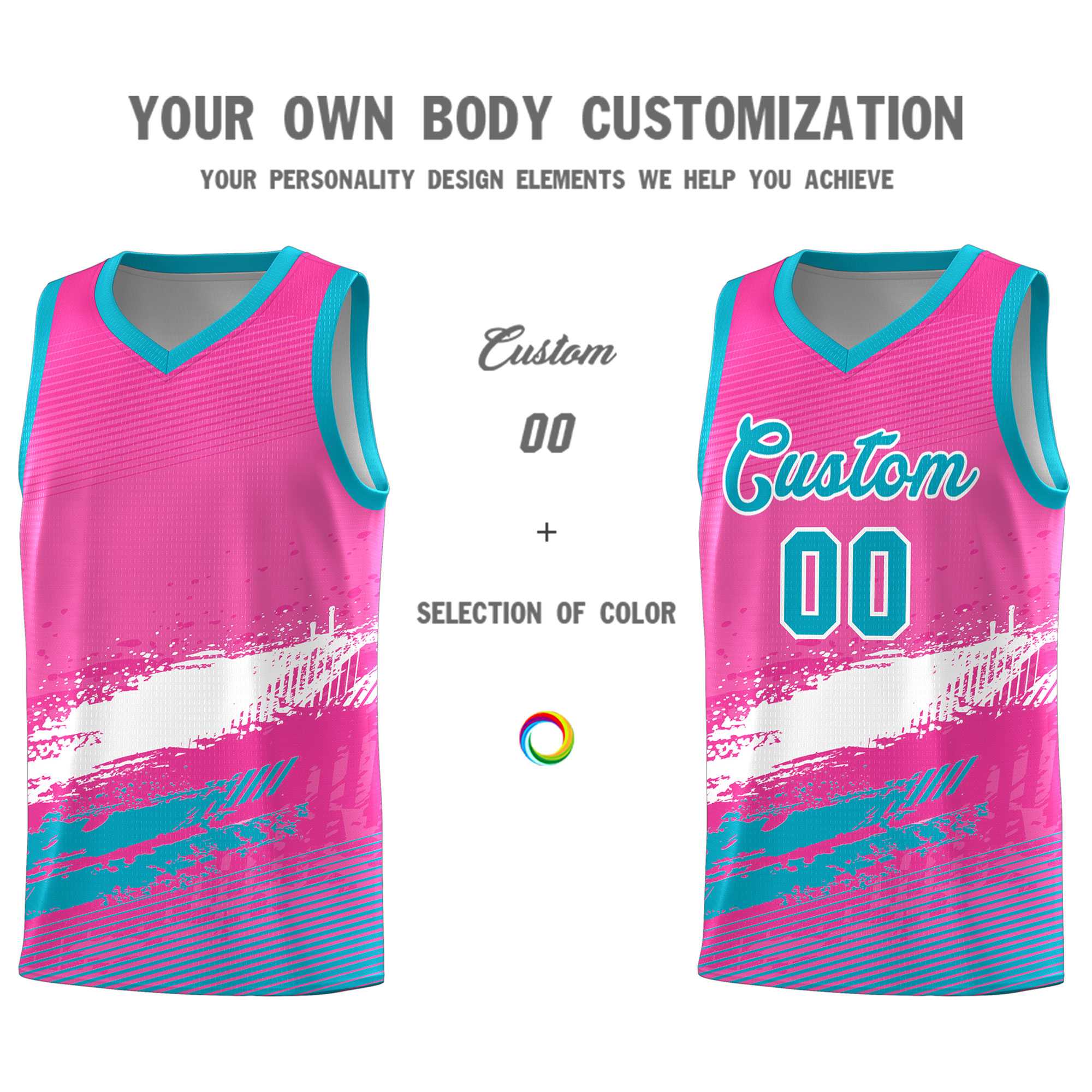 Custom Pink White and Sky Blue Graffiti Pattern Sports Uniform Basketball Jersey