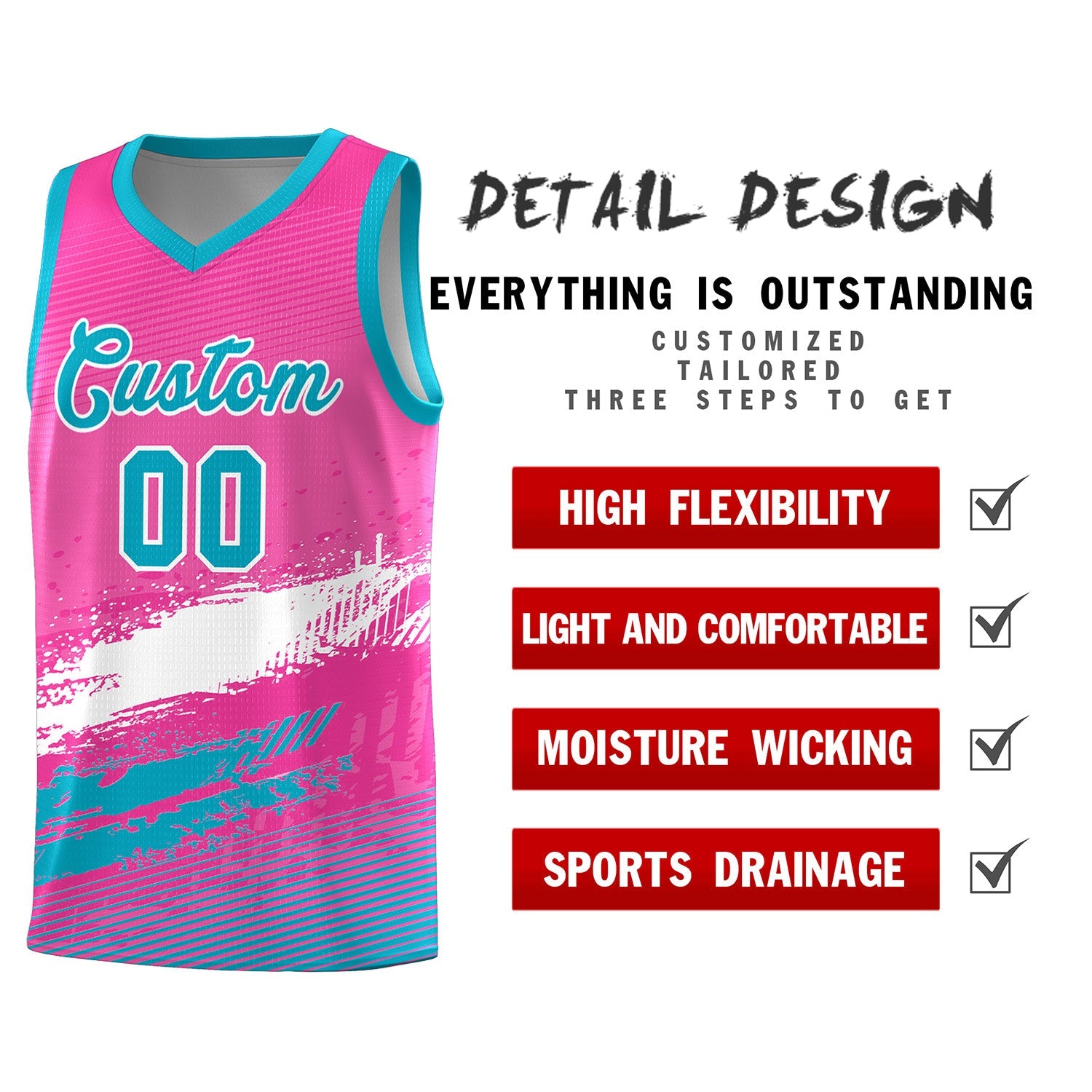 Custom Pink White and Sky Blue Graffiti Pattern Sports Uniform Basketball Jersey