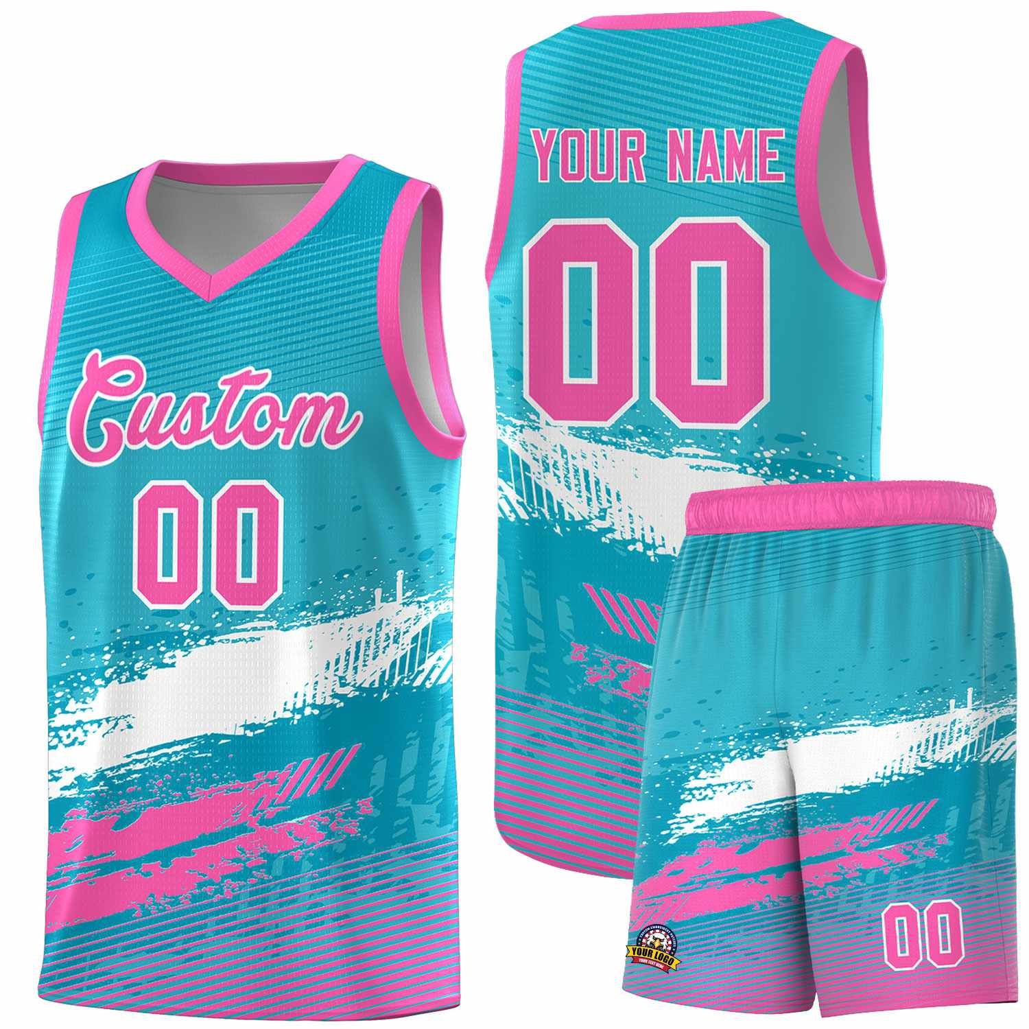 Custom Sky Blue White and Pink Graffiti Pattern Sports Uniform Basketball Jersey