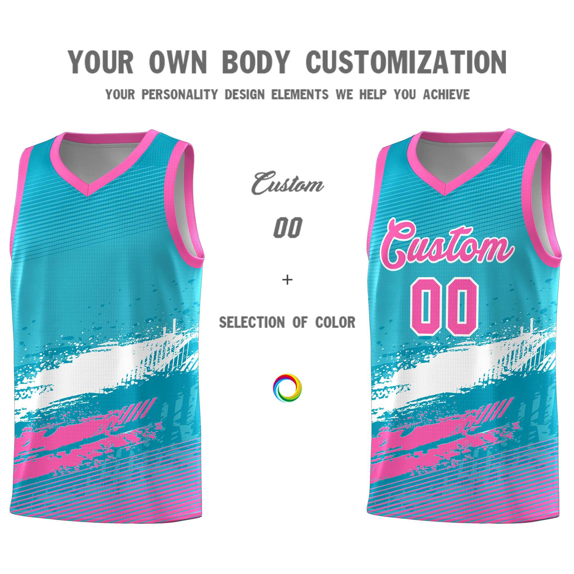 Custom Sky Blue White and Pink Graffiti Pattern Sports Uniform Basketball Jersey