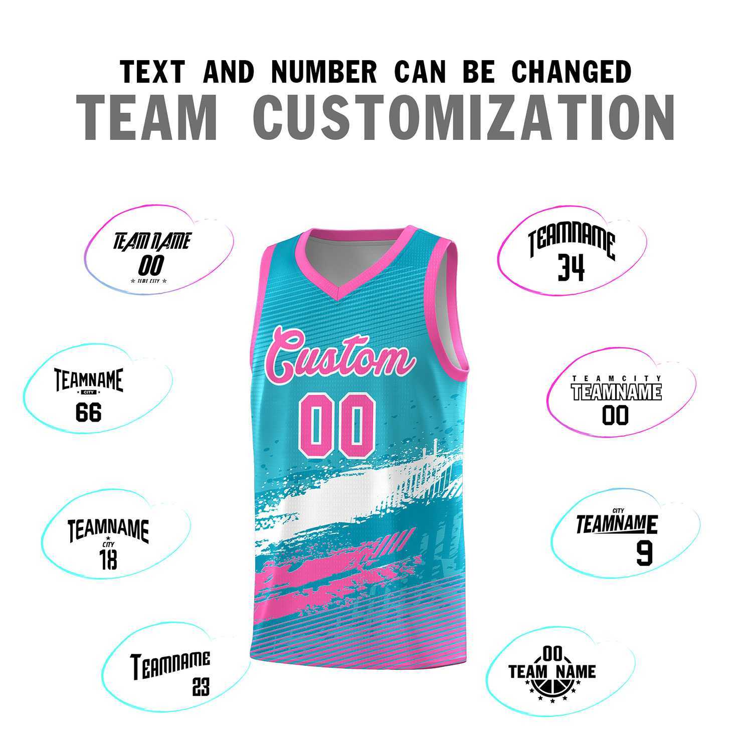 Custom Sky Blue White and Pink Graffiti Pattern Sports Uniform Basketball Jersey