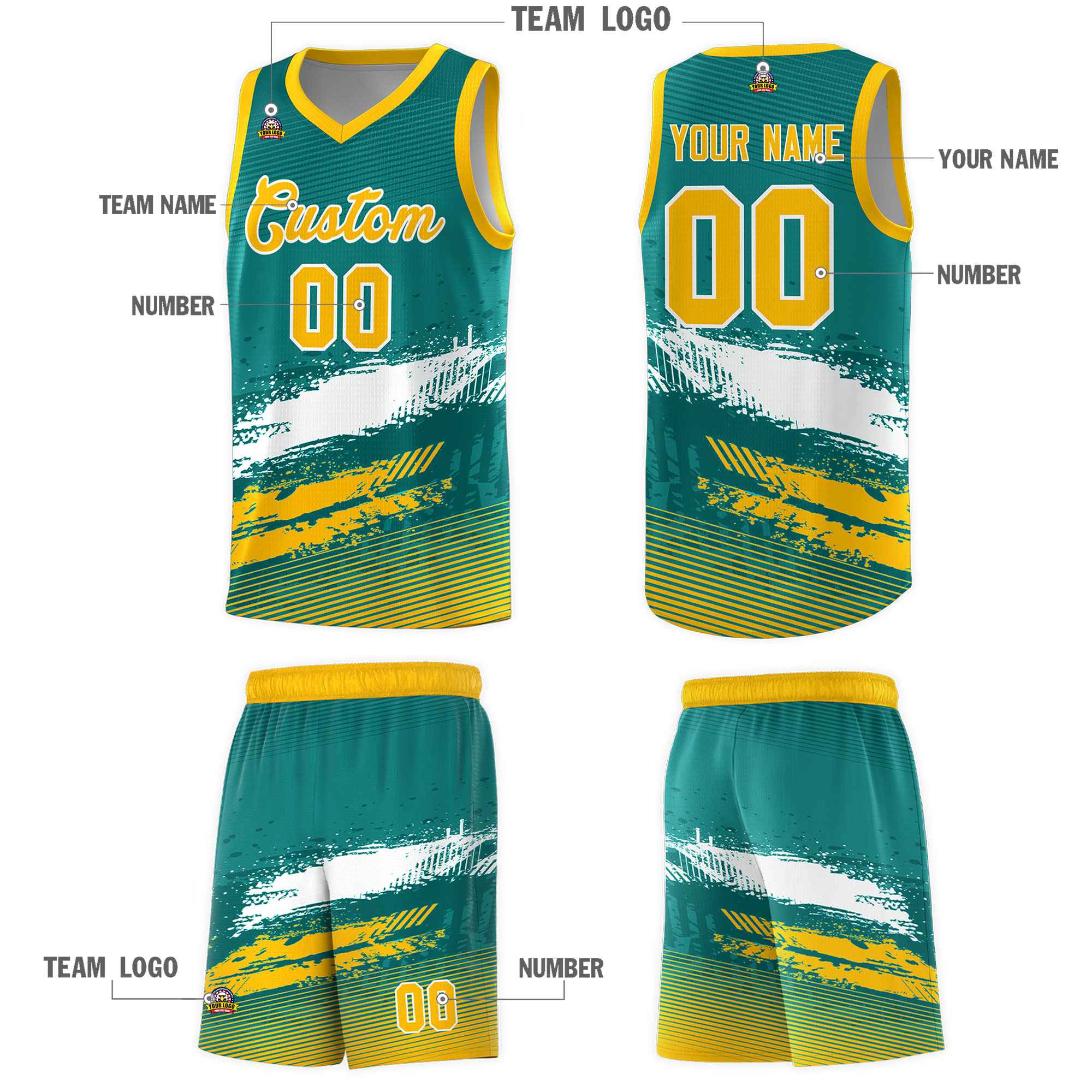 Custom Aqua White and Yellow Graffiti Pattern Sports Uniform Basketball Jersey