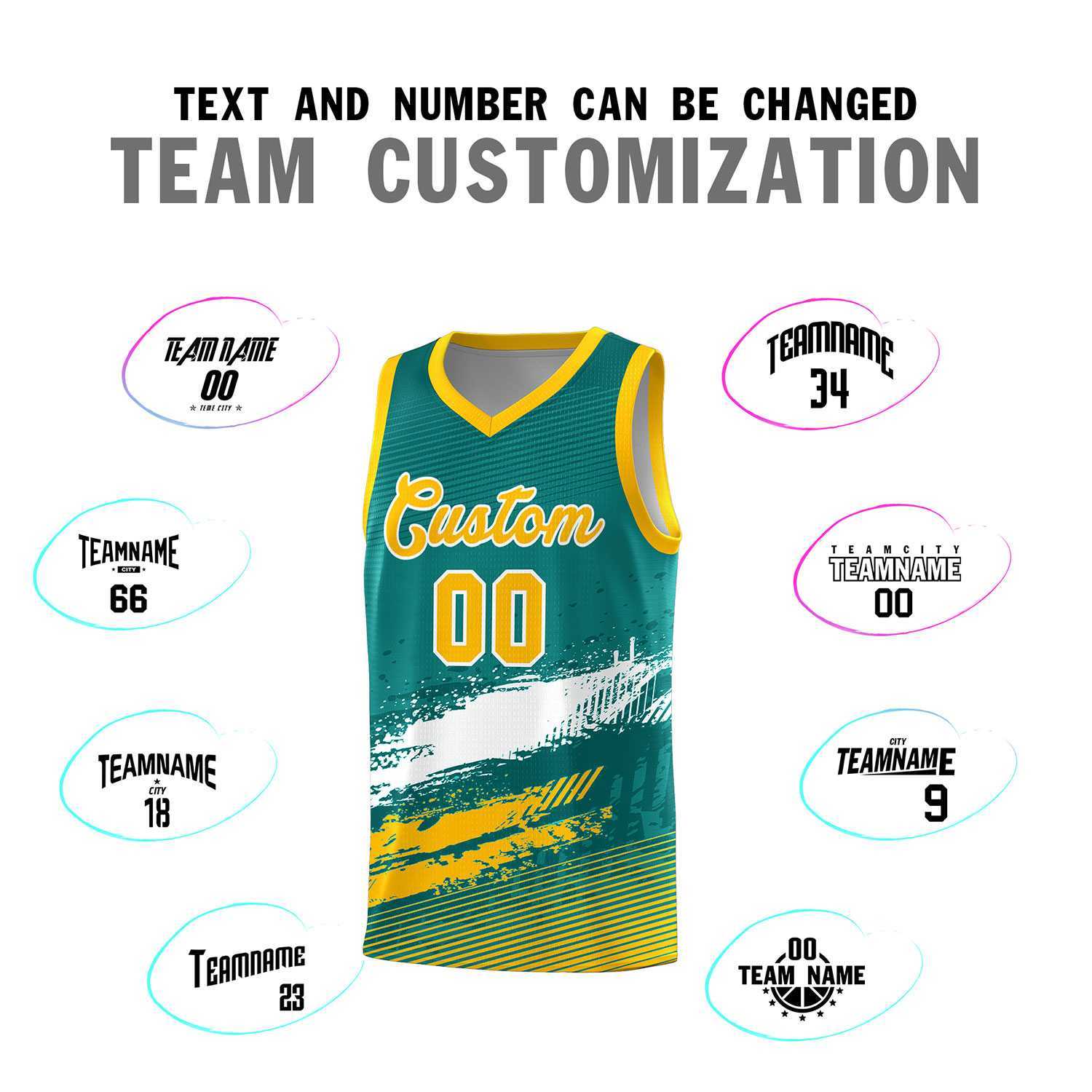 Custom Aqua White and Yellow Graffiti Pattern Sports Uniform Basketball Jersey