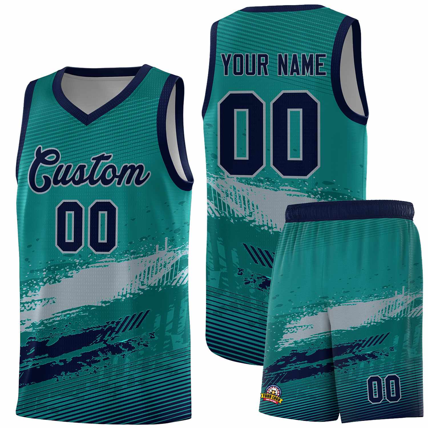 Custom Aqua Gray and Navy Graffiti Pattern Sports Uniform Basketball Jersey