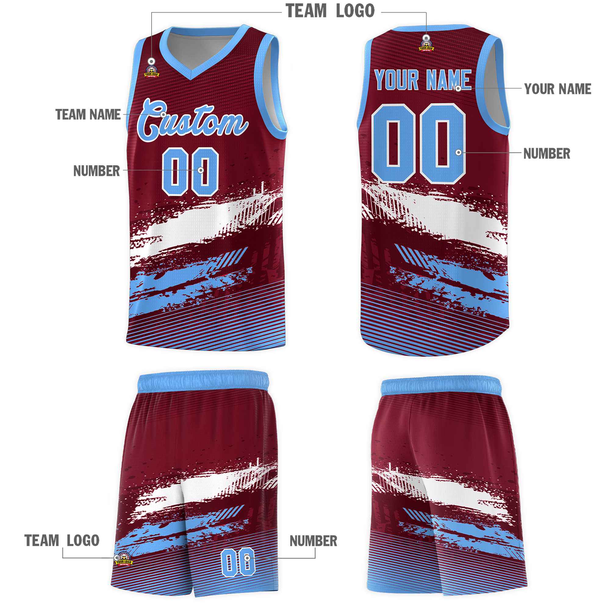 Custom Crimson White and Powder Blue Graffiti Pattern Sports Uniform Basketball Jersey