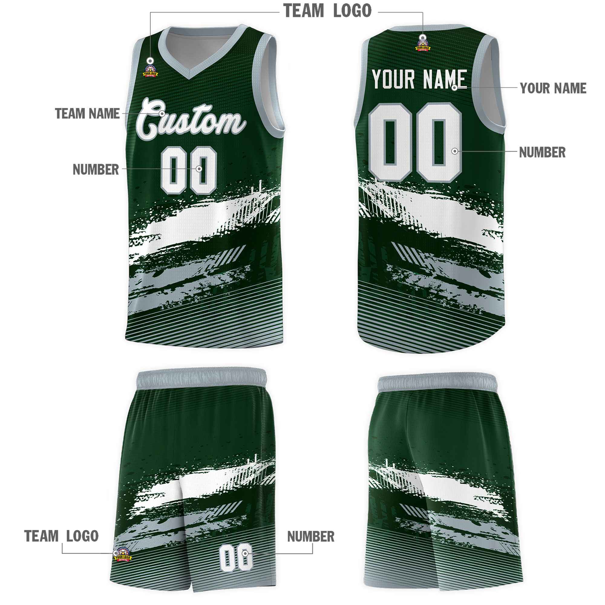 Custom Green White and Gray Graffiti Pattern Sports Uniform Basketball Jersey