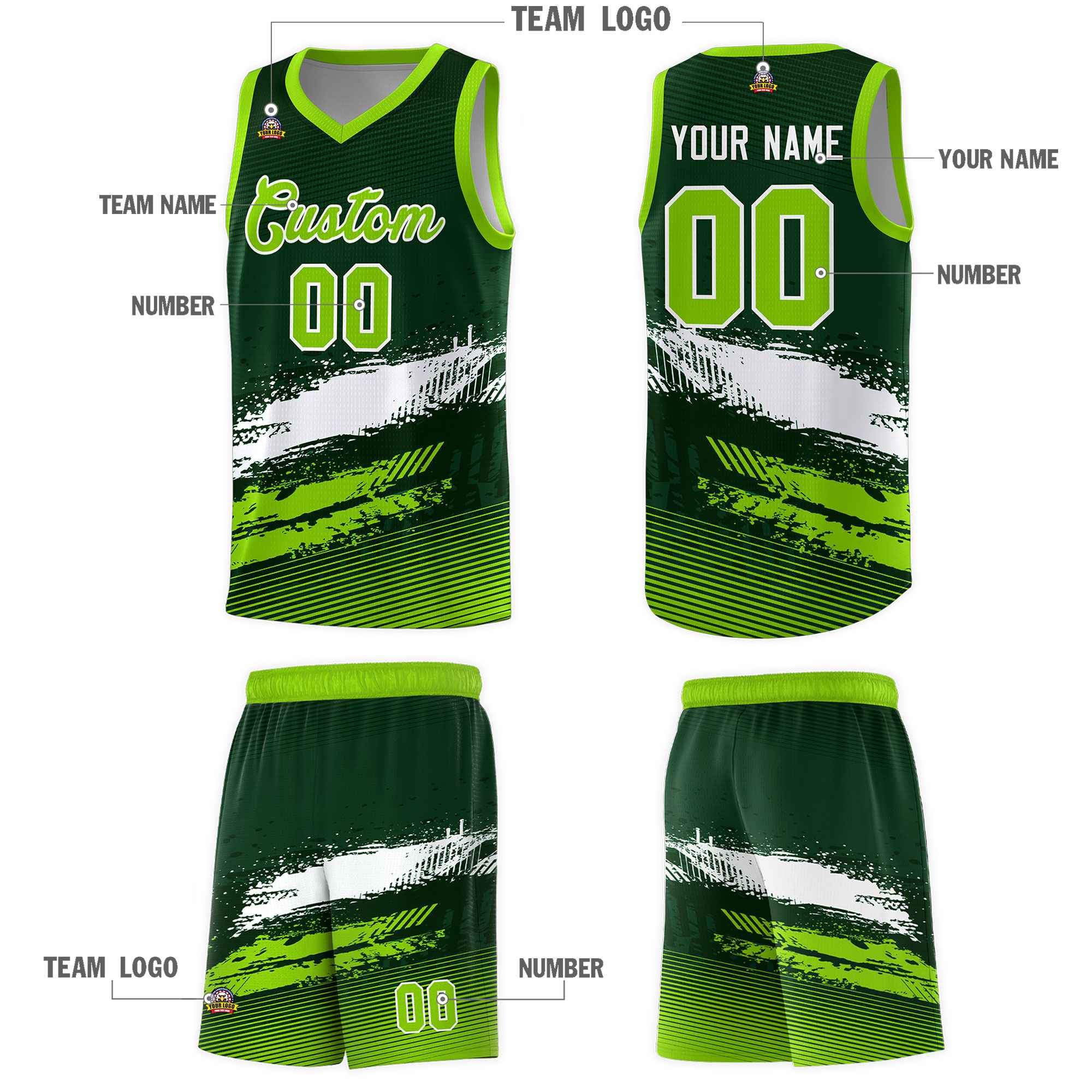 Custom Green White and Neon Green Graffiti Pattern Sports Uniform Basketball Jersey