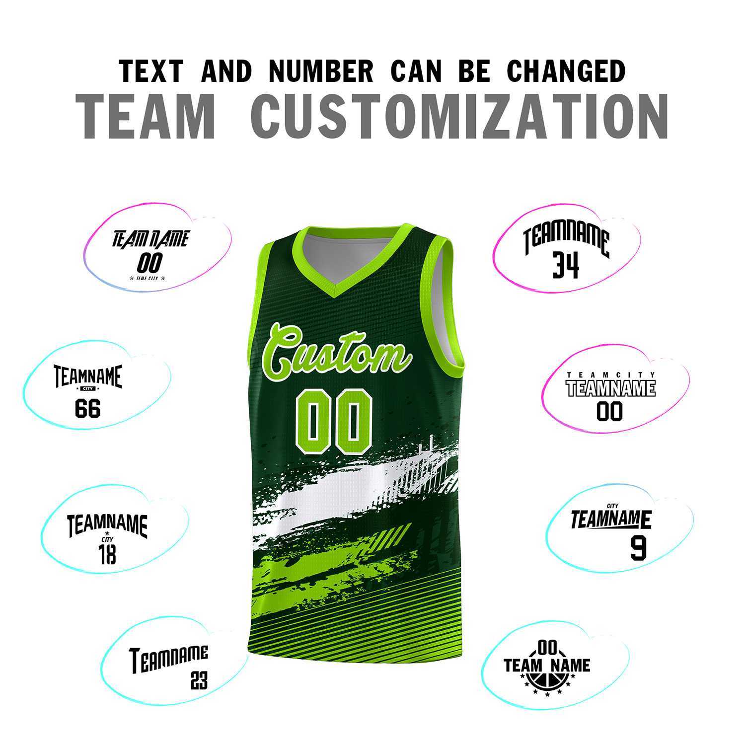 Custom Green White and Neon Green Graffiti Pattern Sports Uniform Basketball Jersey