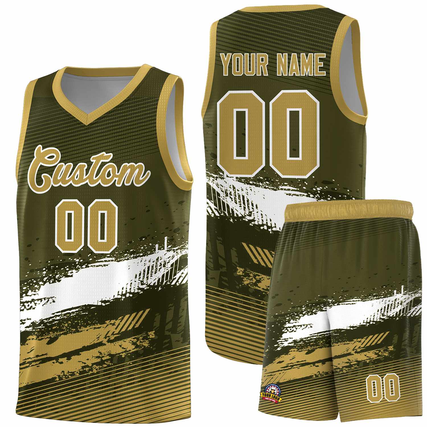 Custom Olive White and Khaki Graffiti Pattern Sports Uniform Basketball Jersey