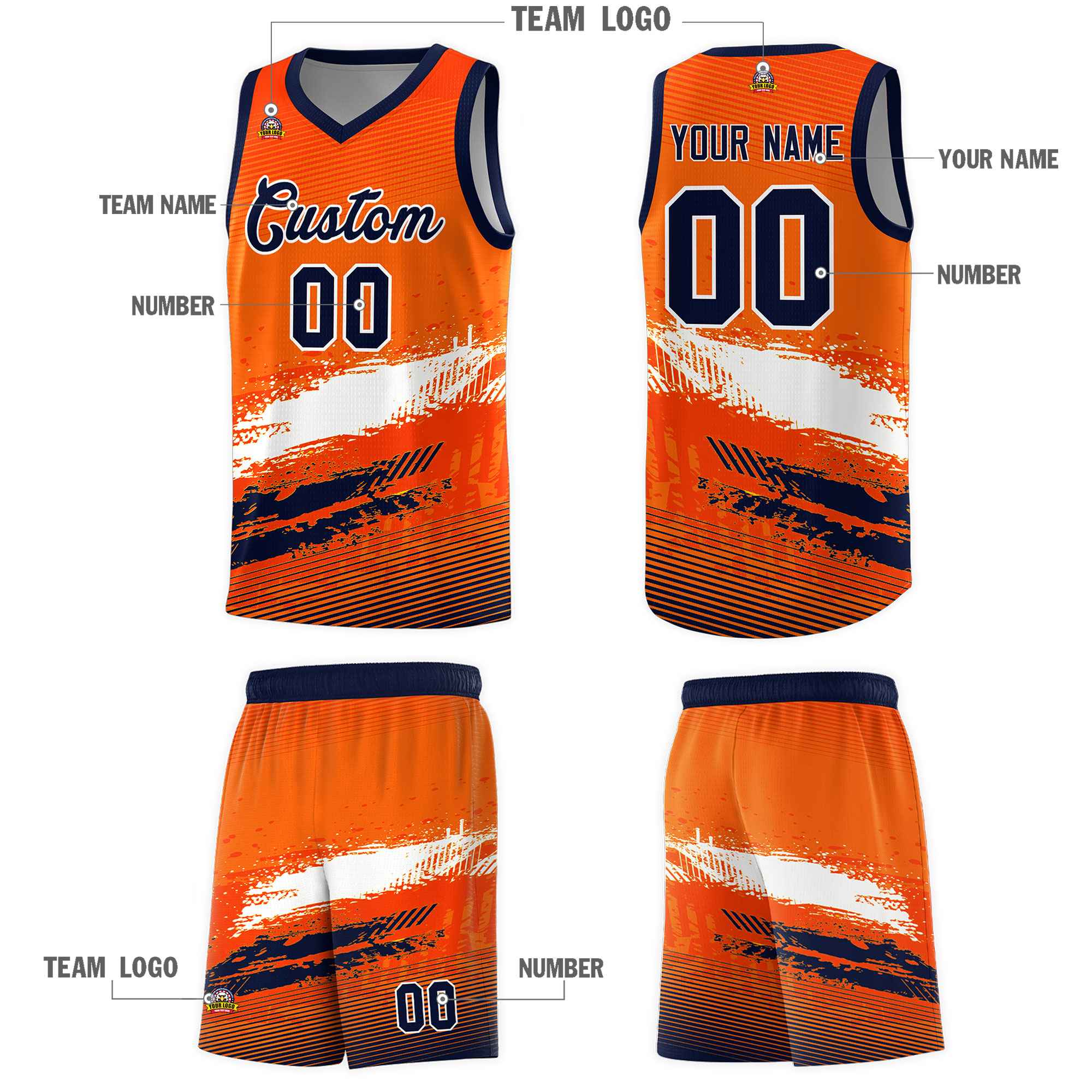 Custom Orange White and Navy Graffiti Pattern Sports Uniform Basketball Jersey